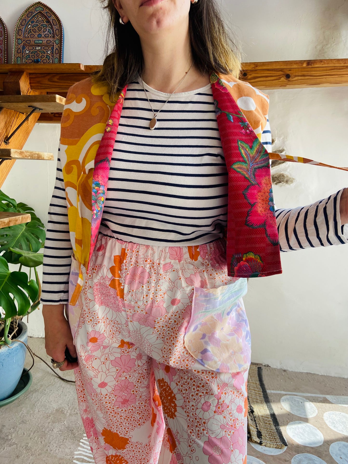 DESERT FOX Red Floral & 70's Orange Reversible Waistcoat - M/L