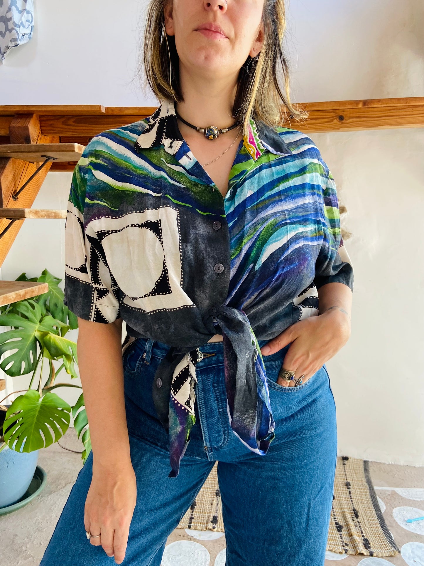 VINTAGE 90's Funky Bohemian Patterned Short Sleeve Shirt - M/L