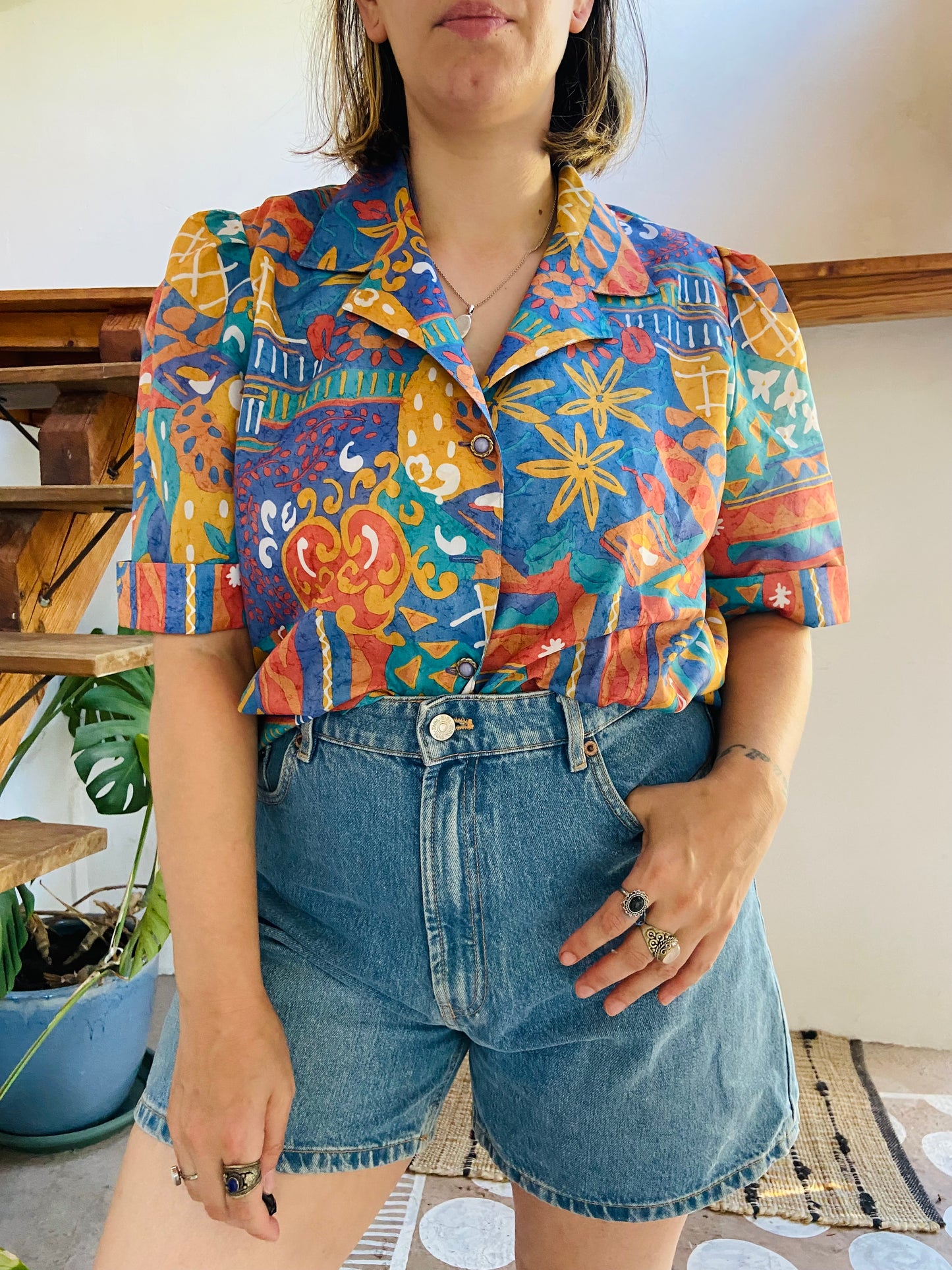 VINTAGE 80's Funky Patterned Short Sleeve Top - L