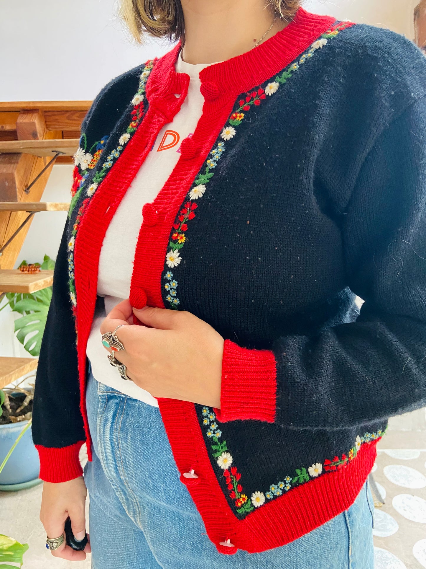 VINTAGE 70’s Floral Embroidered Knit Cardigan - S/M