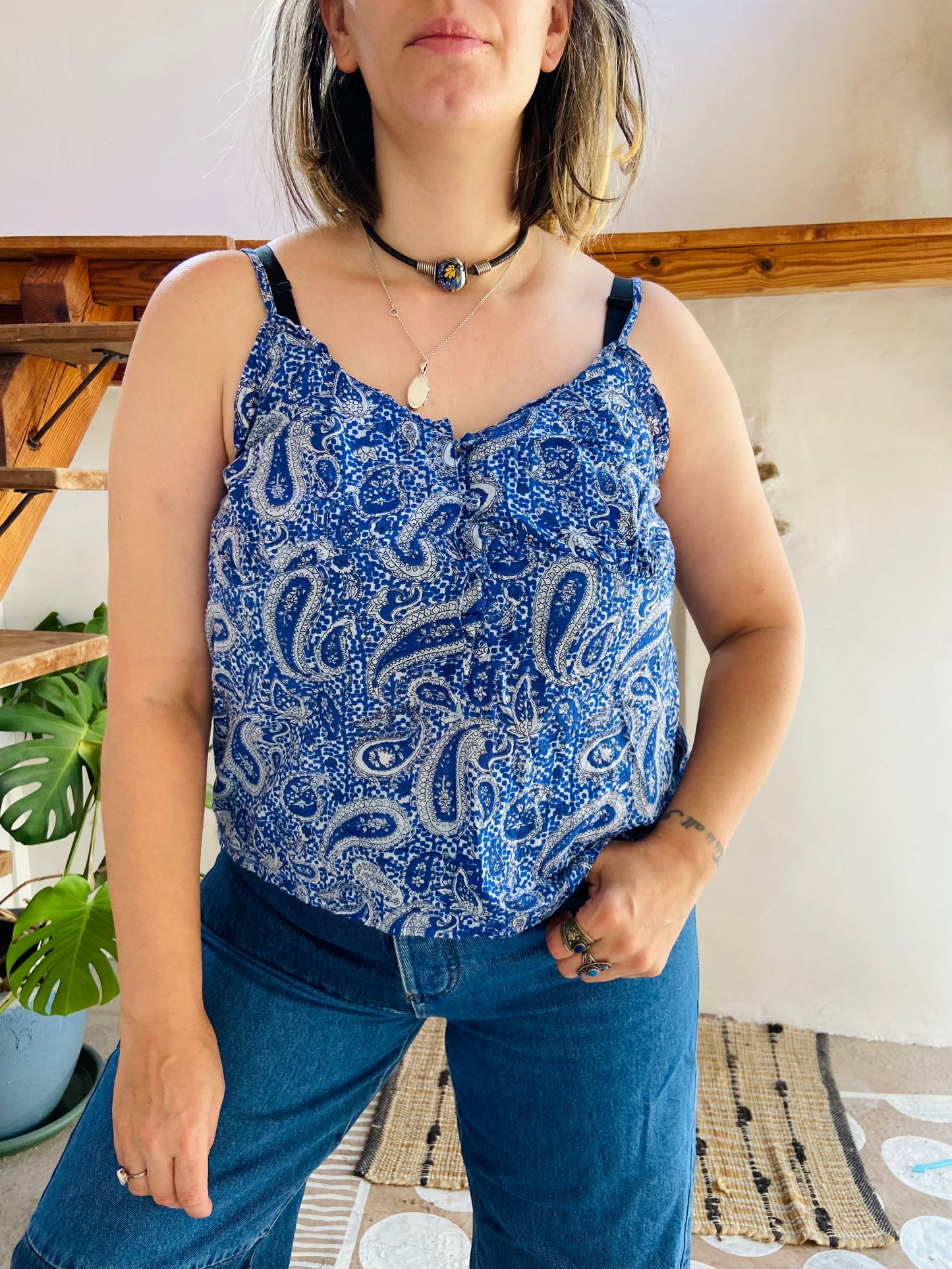 VINTAGE 90's Blue Paisley Bohemian Strappy Cami Top - S/M