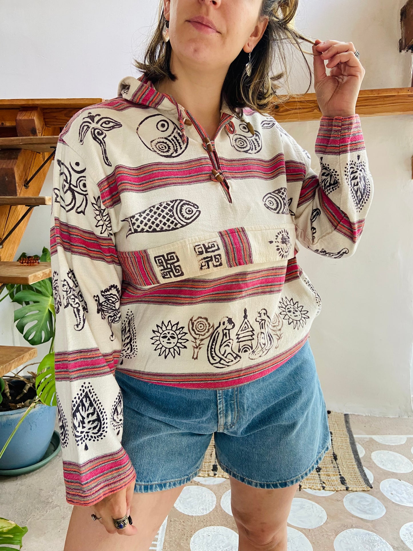 VINTAGE 90’s Hippie Stripe Peruvian Hooded Top - M