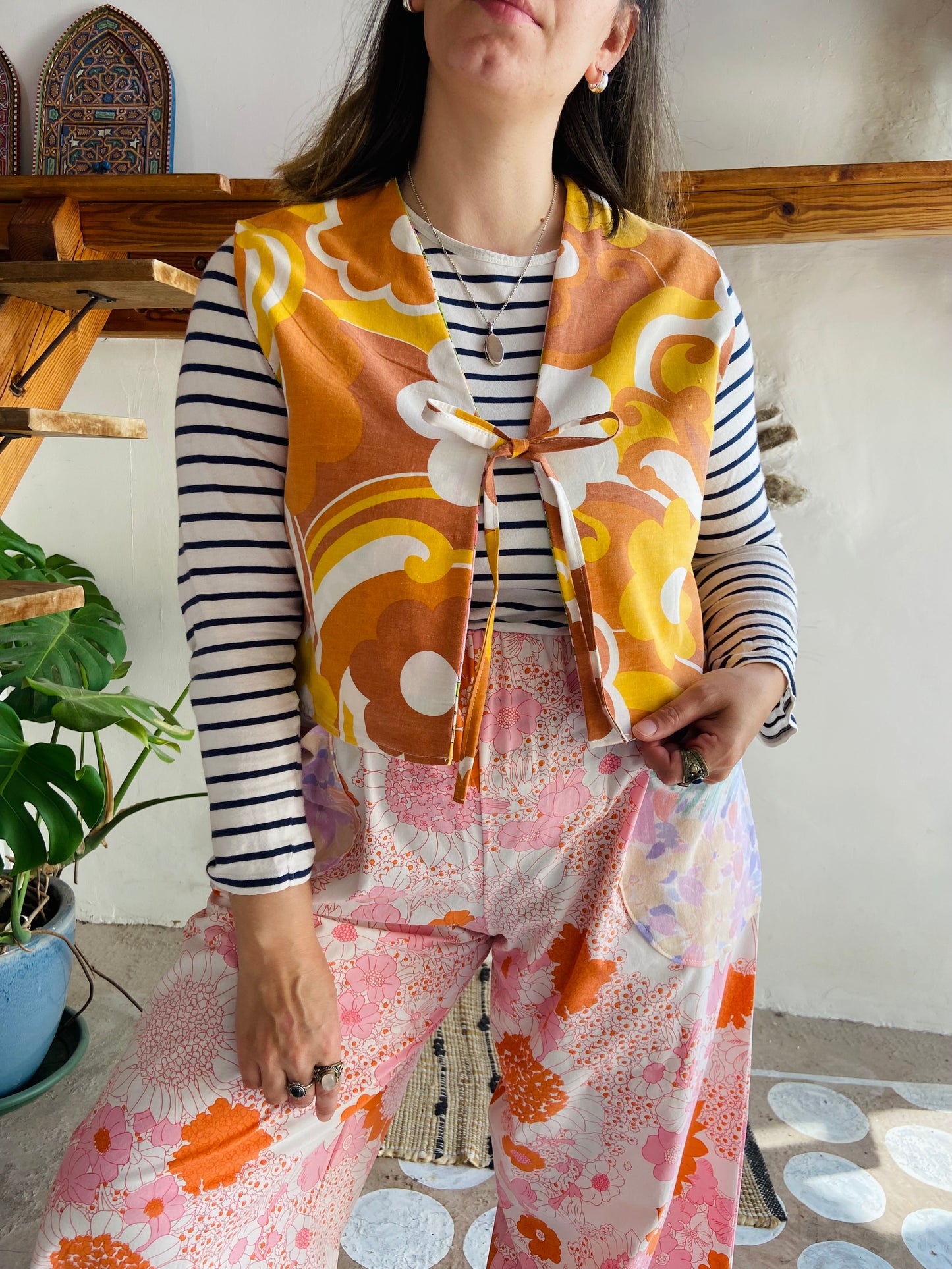 DESERT FOX 70's Orange & Pink Floral Reversible Waistcoat - S/M