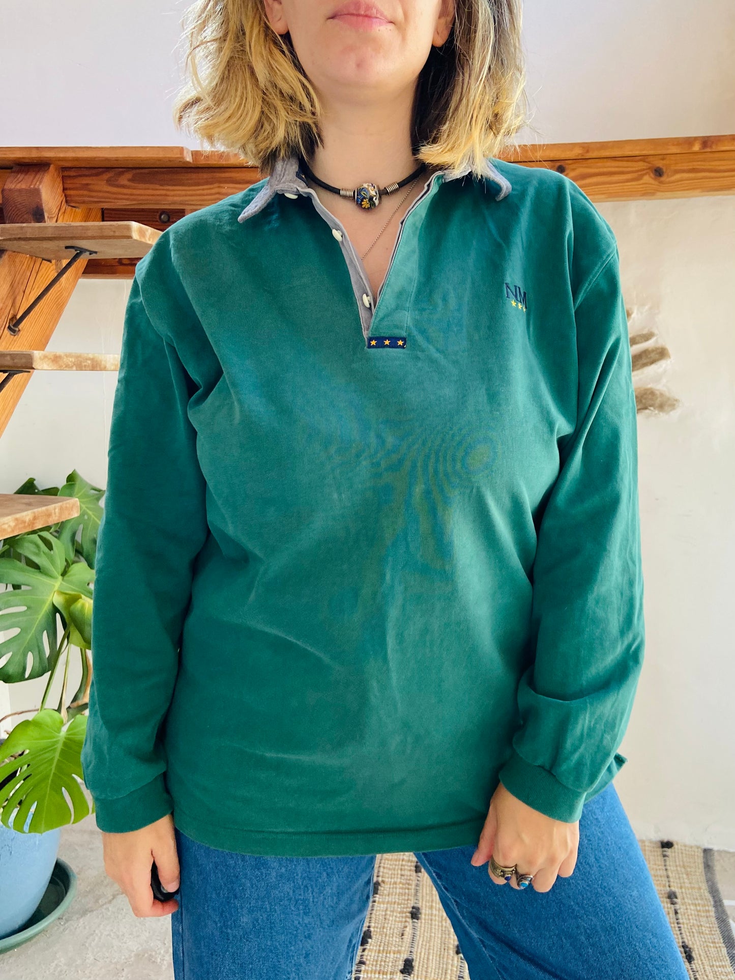 VINTAGE 90's Long Sleeve Green Polo Top - M/L
