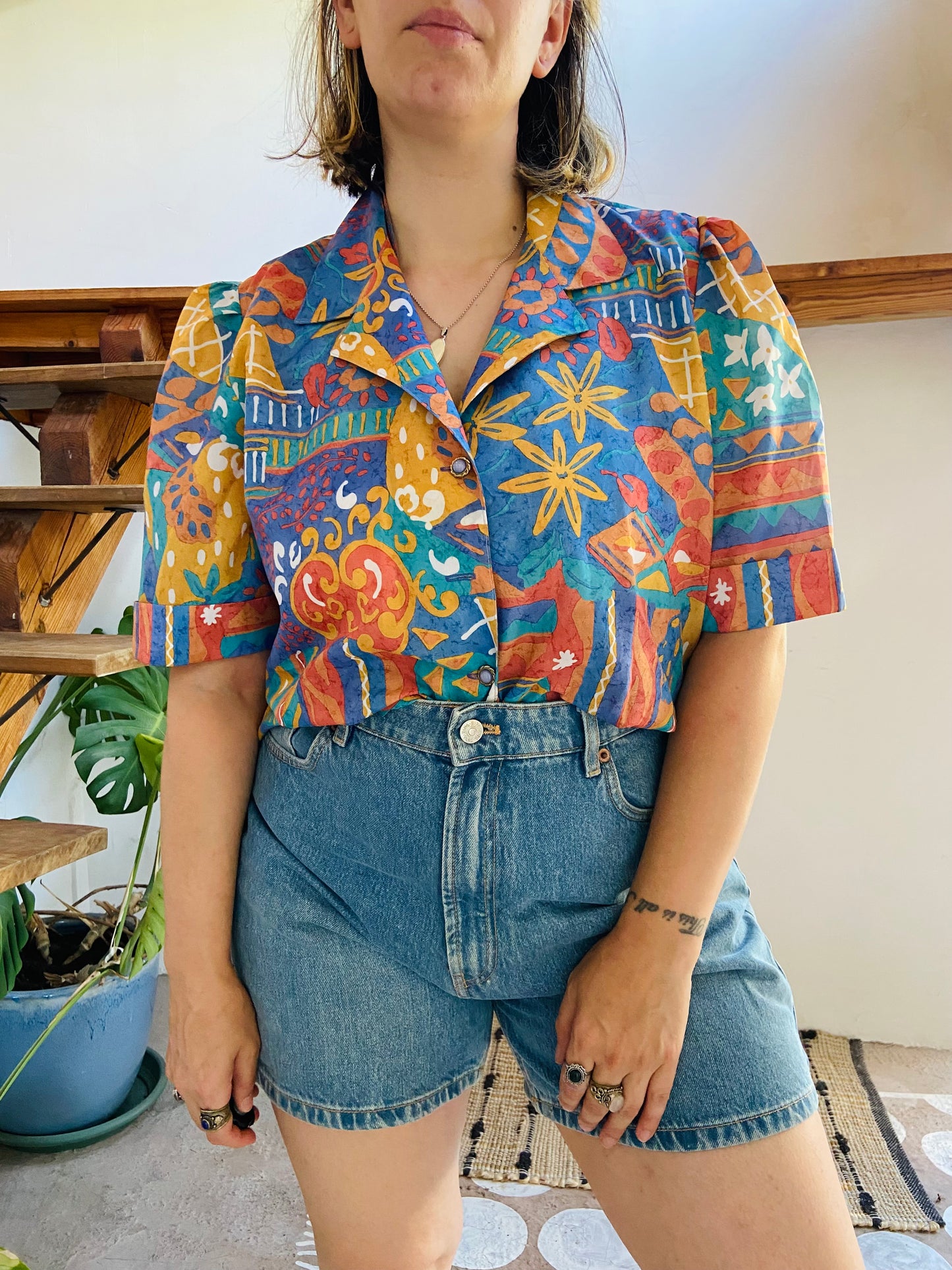 VINTAGE 80's Funky Patterned Short Sleeve Top - L