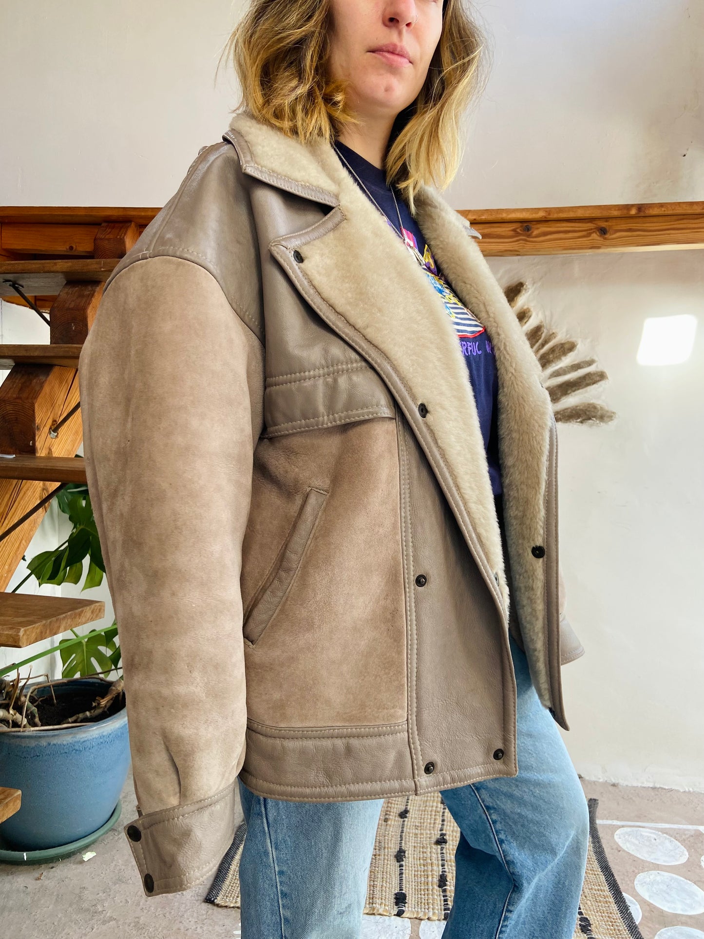 VINTAGE 80’s Sheepskin Grey Oversized Suede Coat Jacket - L/XL