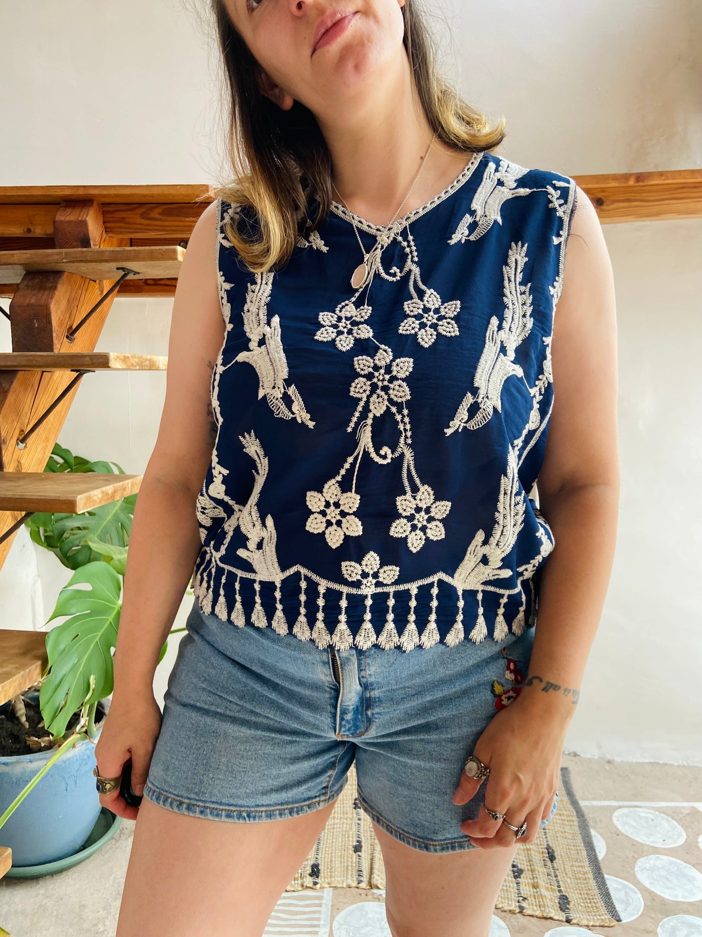 VINTAGE 90's Blue Embroidered Loose Tank Top - M/L