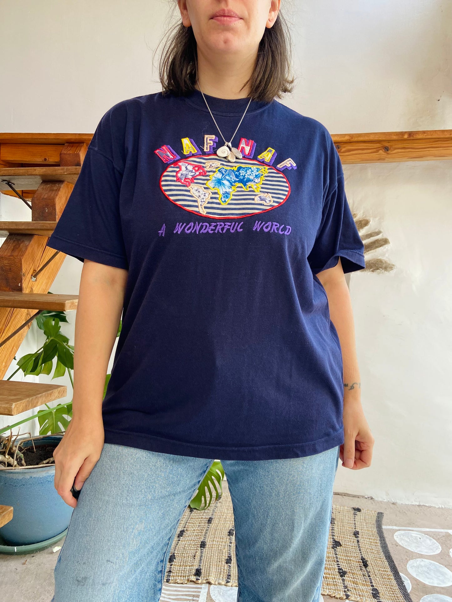 VINTAGE Naf Naf 90’s Blue Embroidered T-shirt Tee - M/L