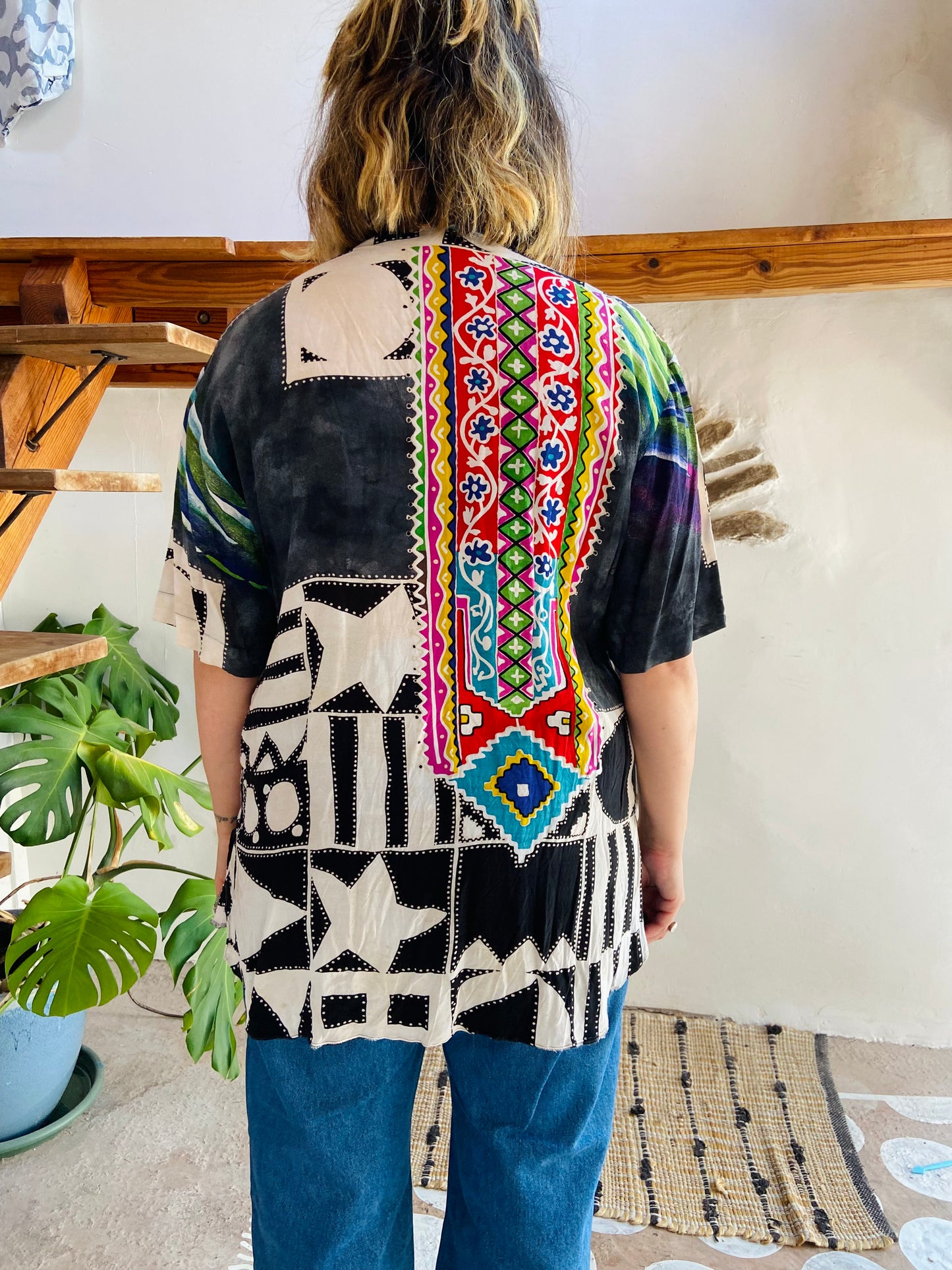 VINTAGE 90's Funky Bohemian Patterned Short Sleeve Shirt - M/L