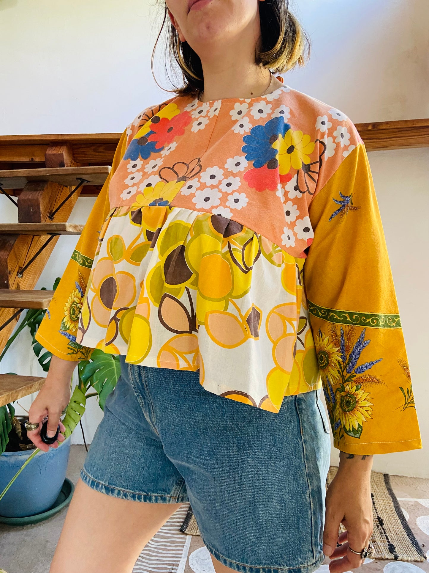 DESERT FOX Patchwork Orange Sunflower Floral Ruffle Top - M/L