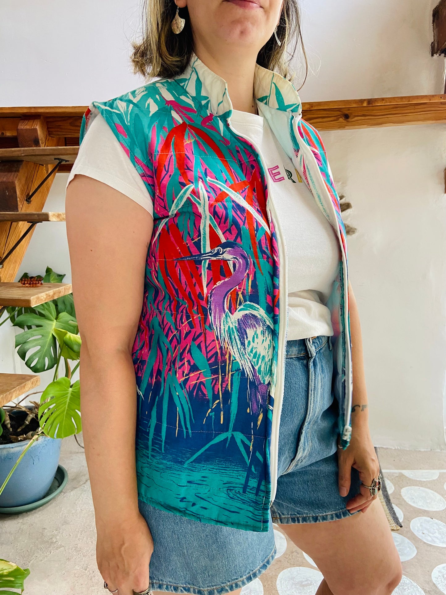 VINTAGE 80’s Bright Bird Print Gilet Jacket - M