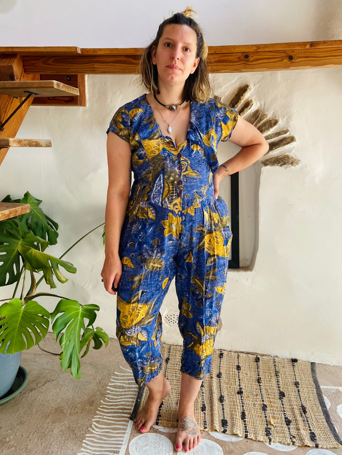 VINTAGE 80's Floral Bohemian Pattern Jumpsuit - S
