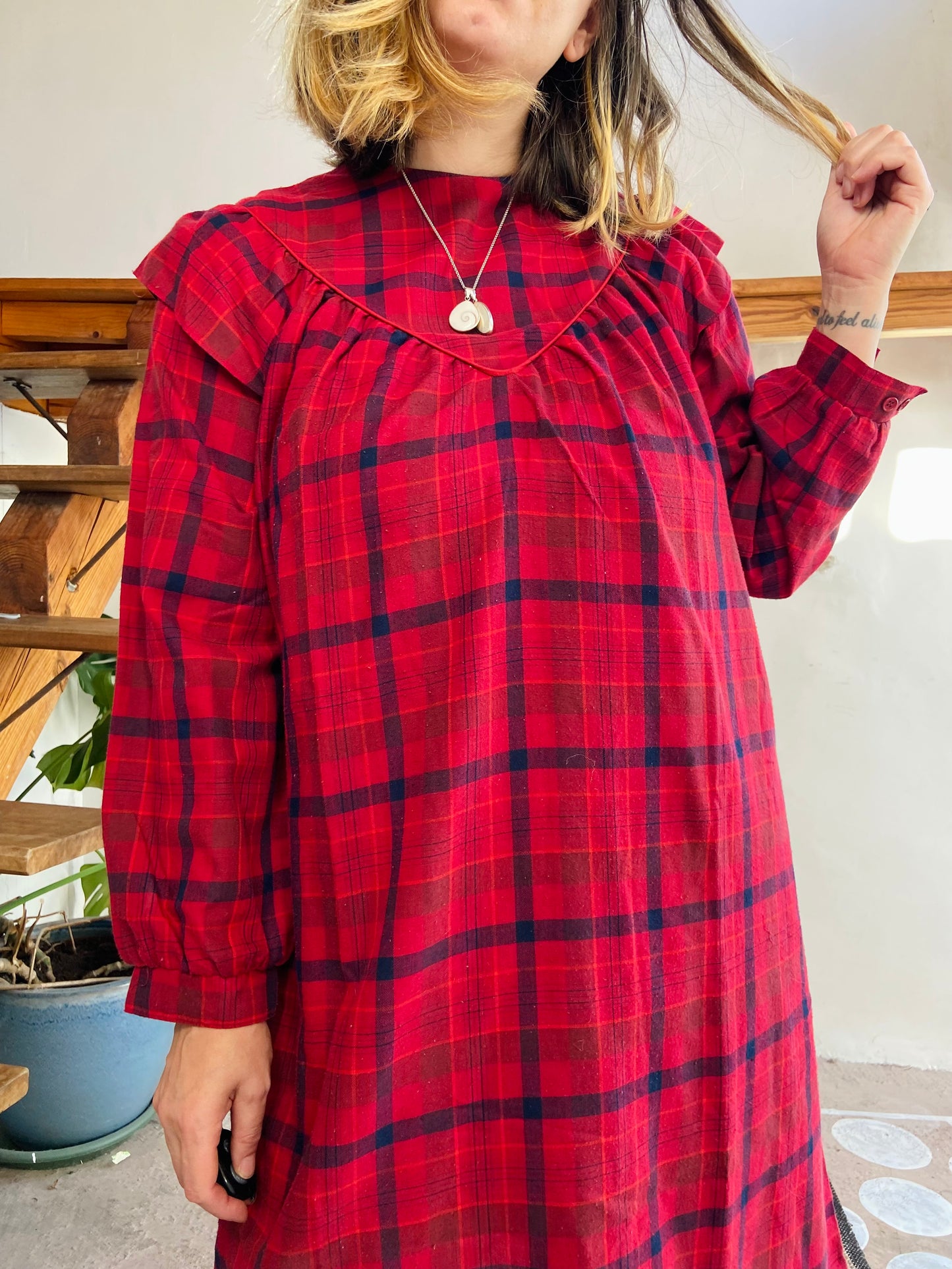 VINTAGE 80’s Tartan Checked Midi Dress - M/L