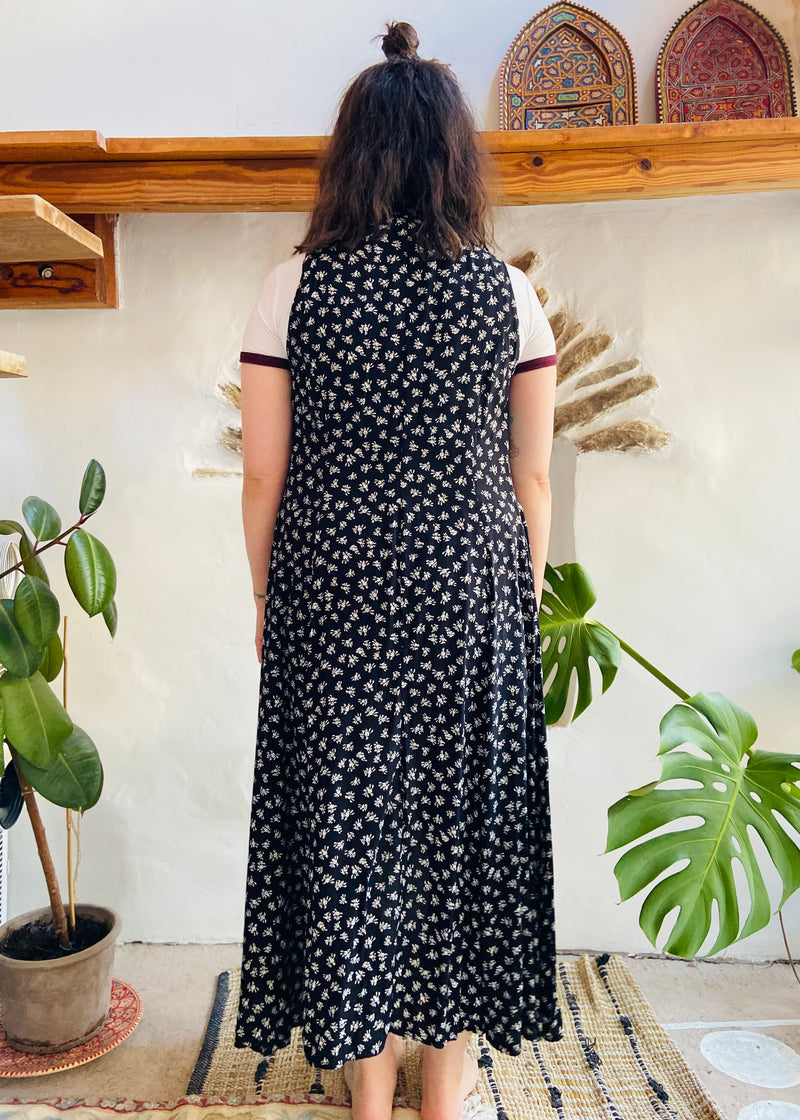 VINTAGE 90's Sleeveless Black Floral Maxi Duster Dress - S