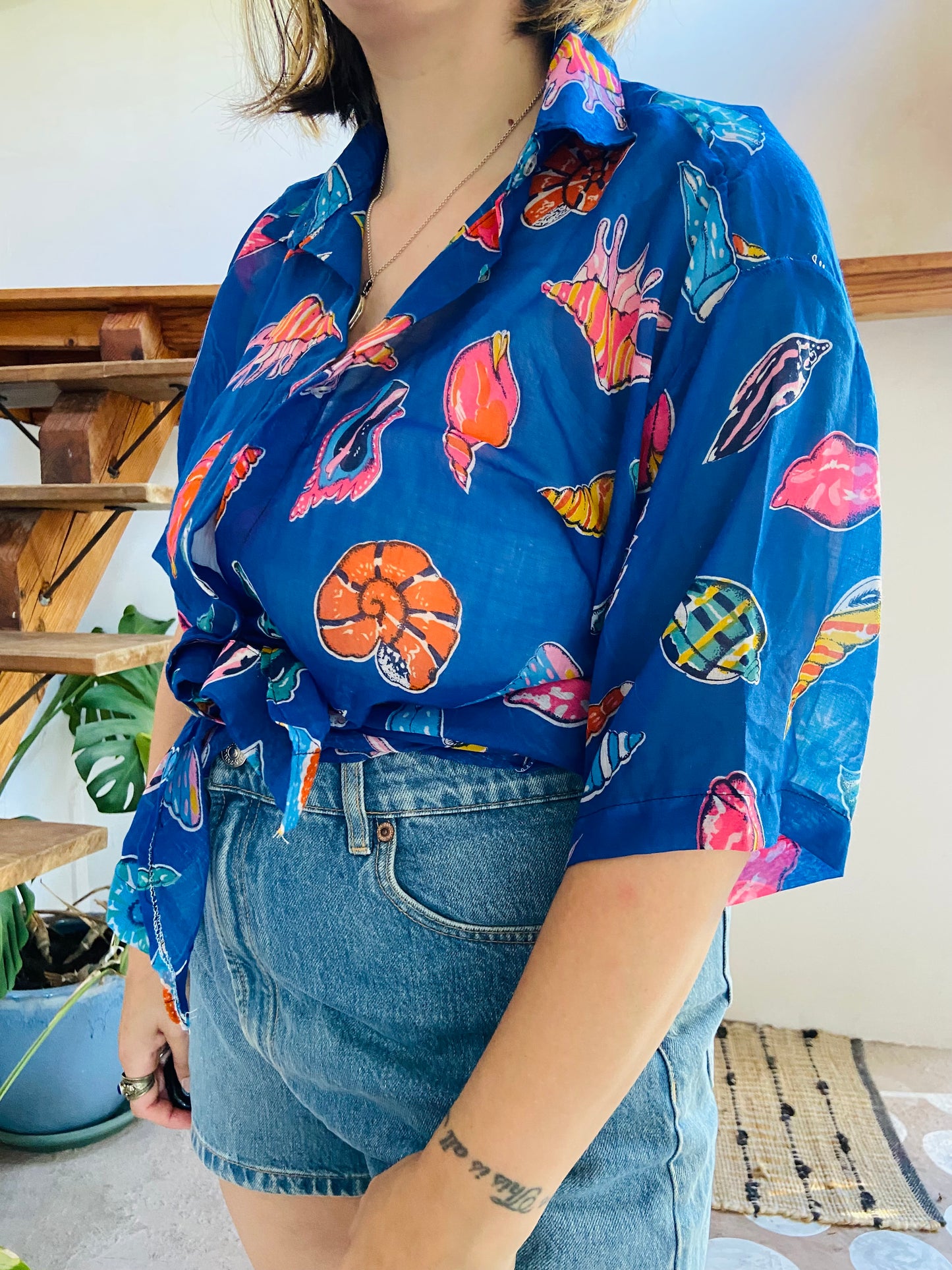 VINTAGE 90's Sea Shell Print Loose Floaty Shirt - L