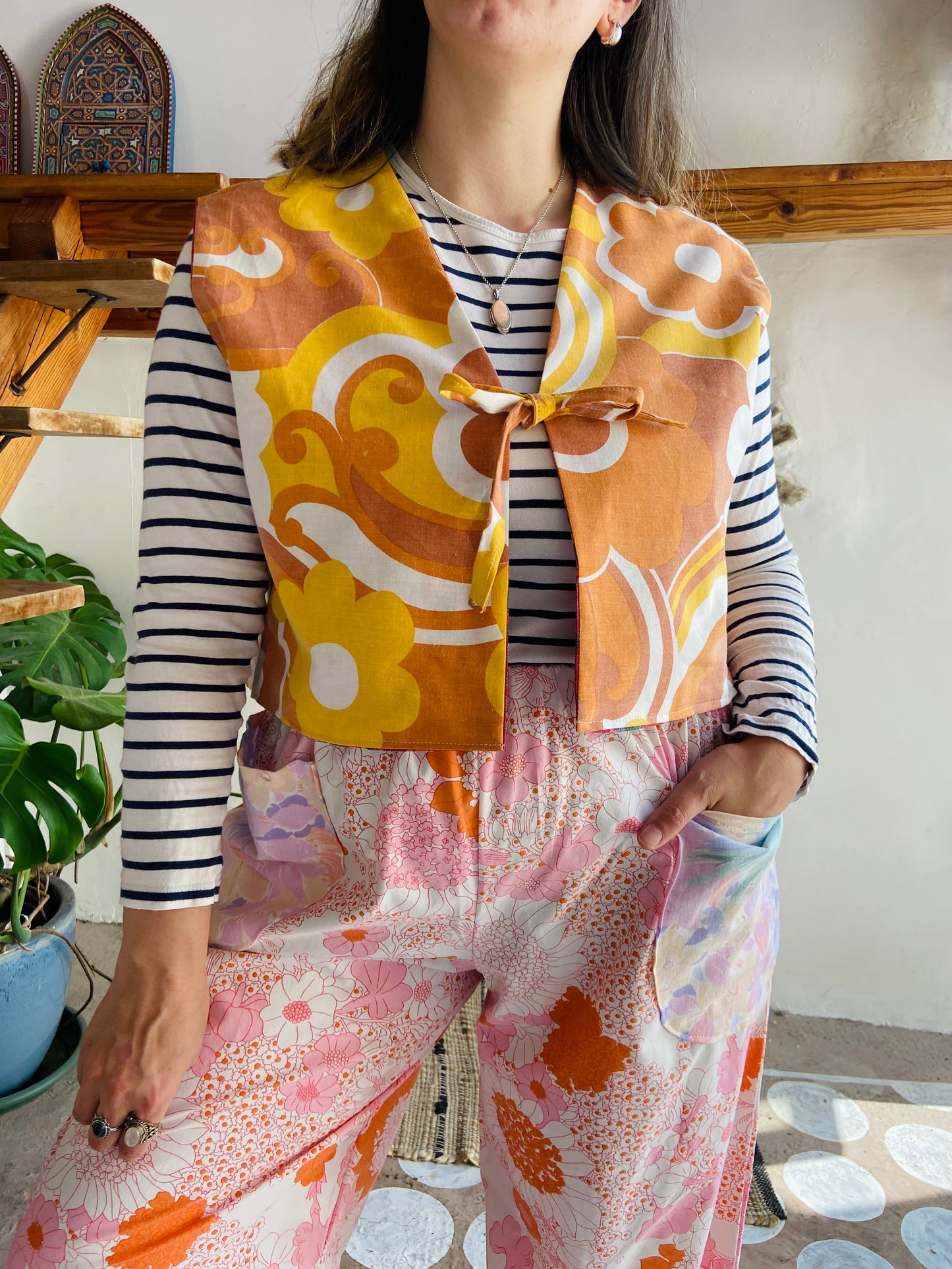 DESERT FOX Red Floral & 70's Orange Reversible Waistcoat - M/L