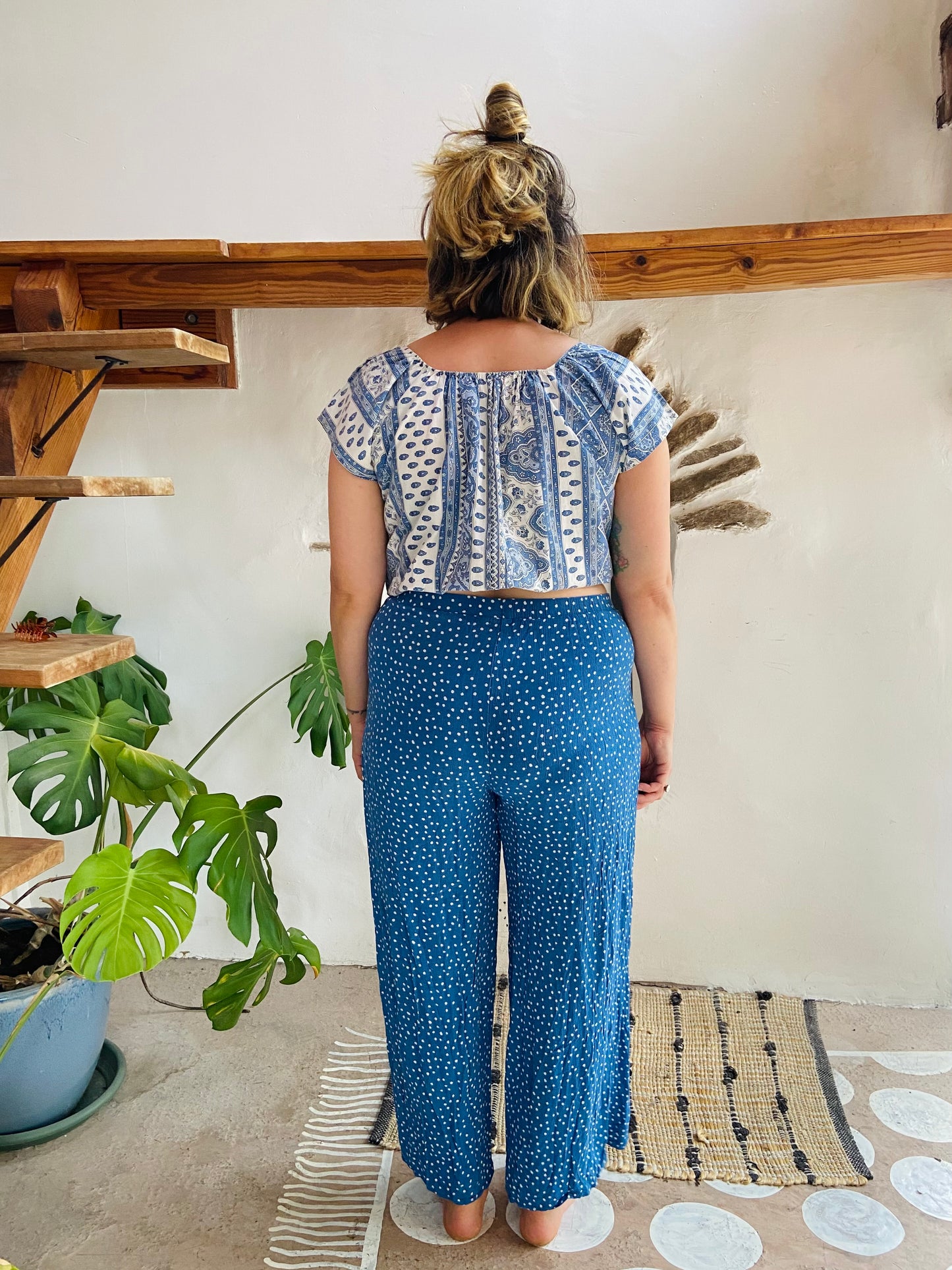 VINTAGE Blue Polkadot Slit Front Wide Leg Trousers - M