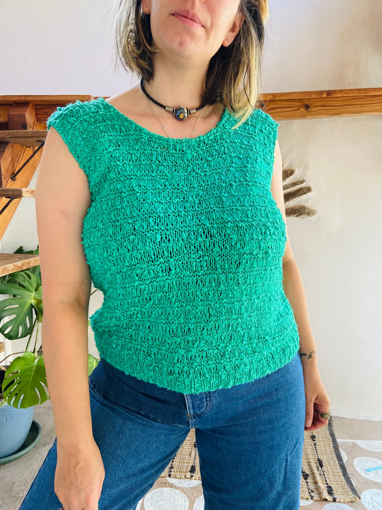 VINTAGE 80's Green Knitted Sleeveless Top - M/L