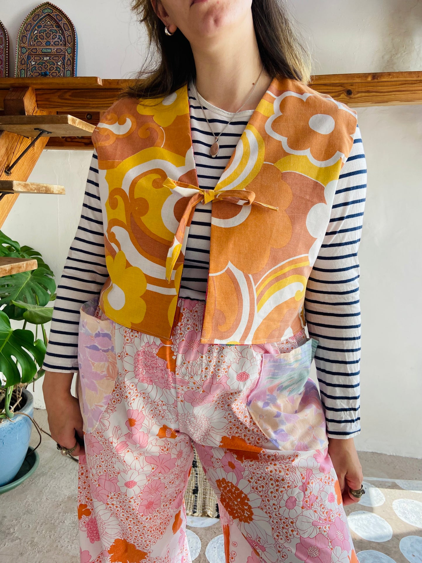 DESERT FOX Red Floral & 70's Orange Reversible Waistcoat - M/L