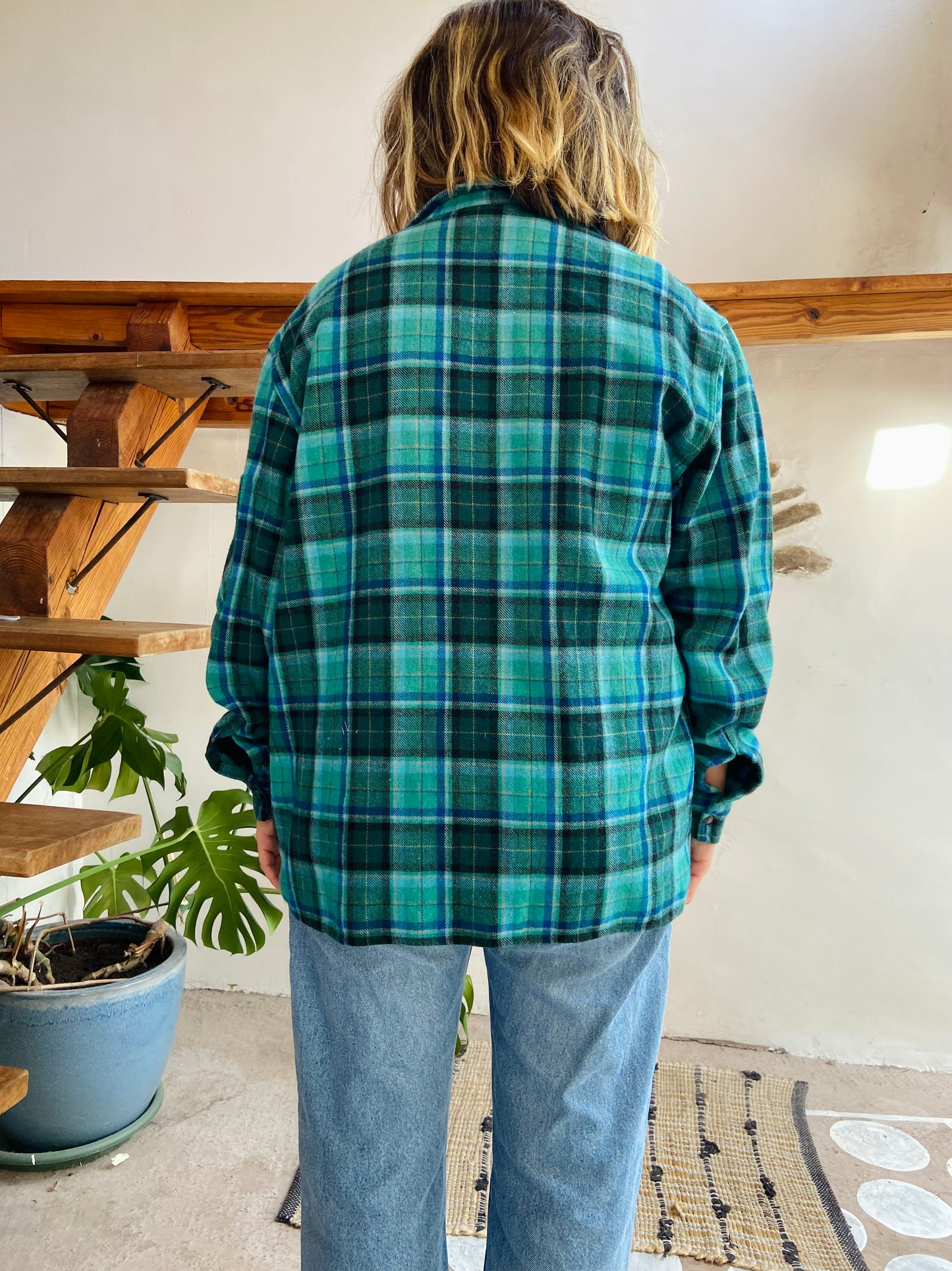 VINTAGE 90’s Flannel Checked Blue & Green Long Sleeve Shirt - L