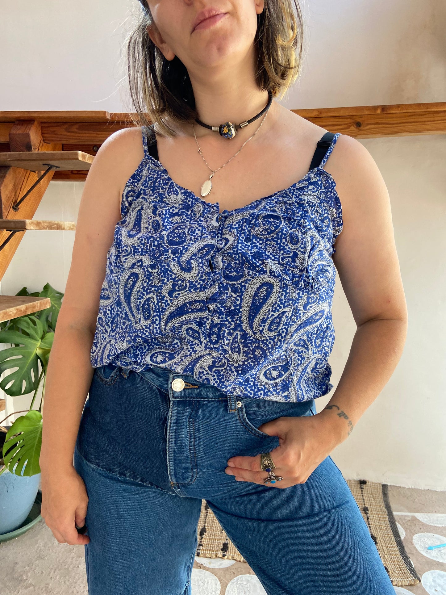 VINTAGE 90's Blue Paisley Bohemian Strappy Cami Top - S/M