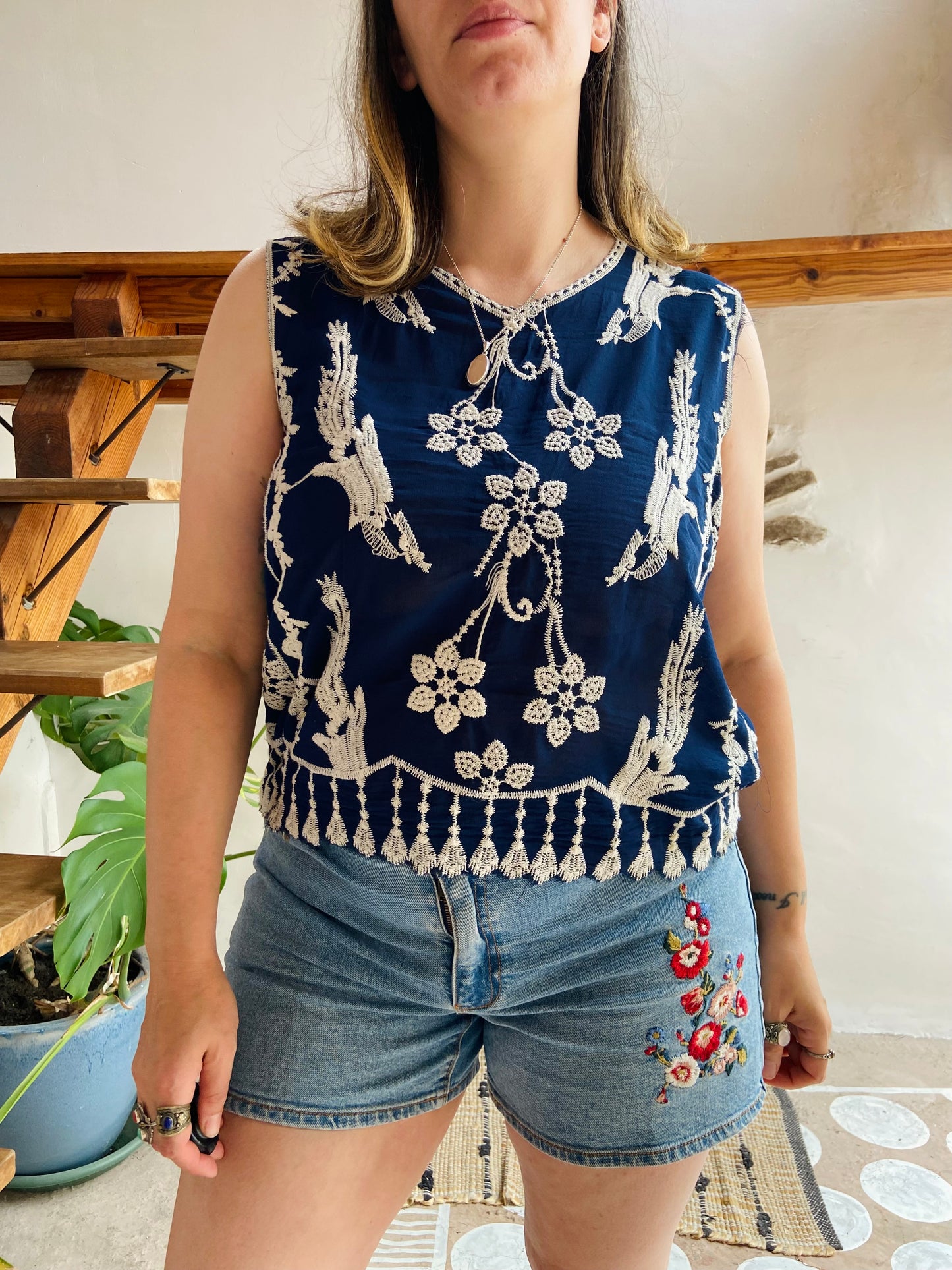 VINTAGE 90's Blue Embroidered Loose Tank Top - M/L
