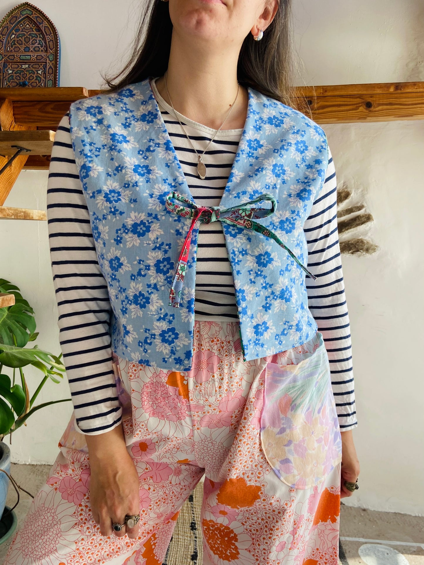 DESERT FOX Patchwork Provencal & Blue Floral Reversible Waistcoat - S/M