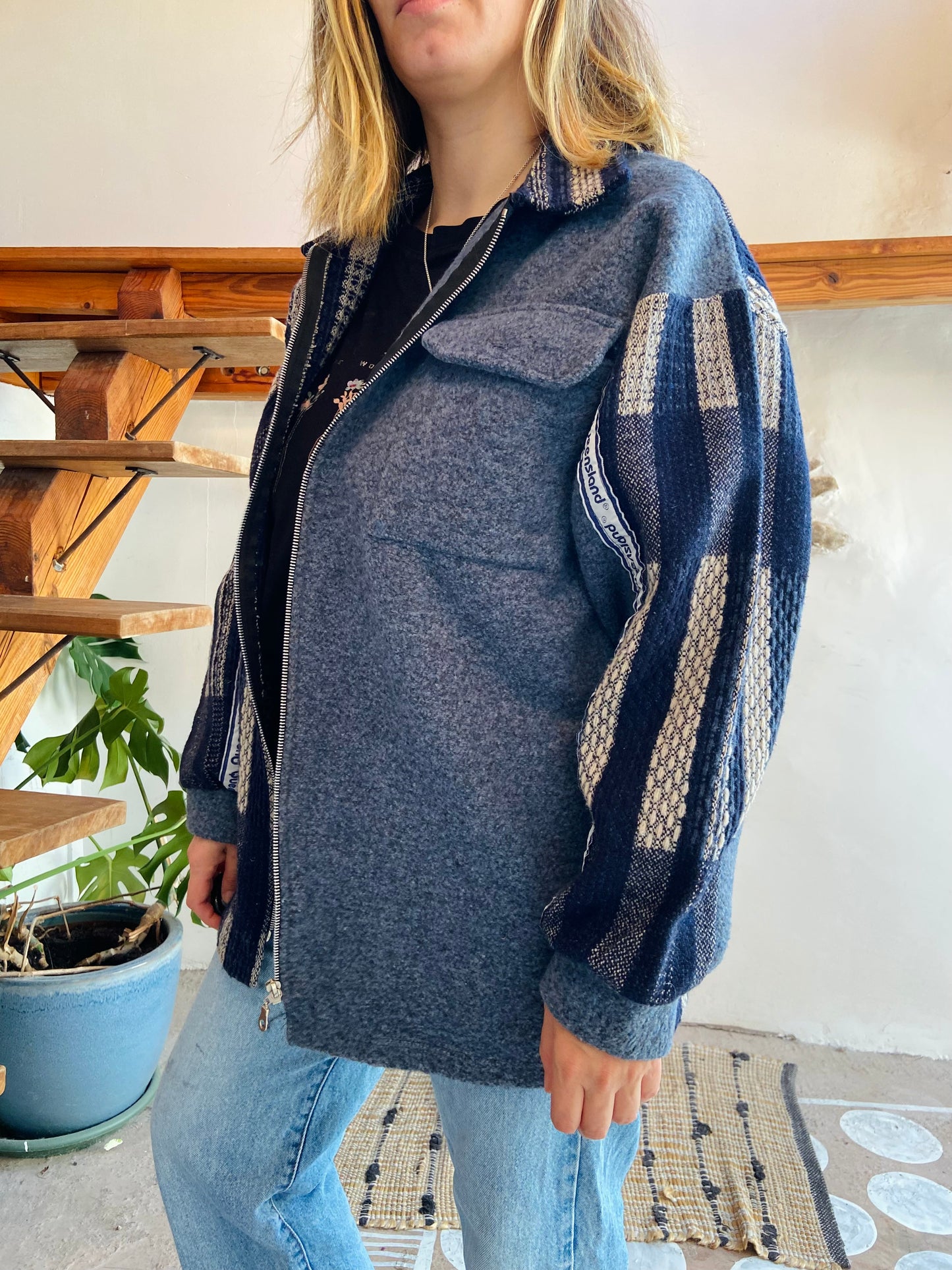 VINTAGE 90's Blue Hippie Woven Bohemian Zip Up Jacket - M