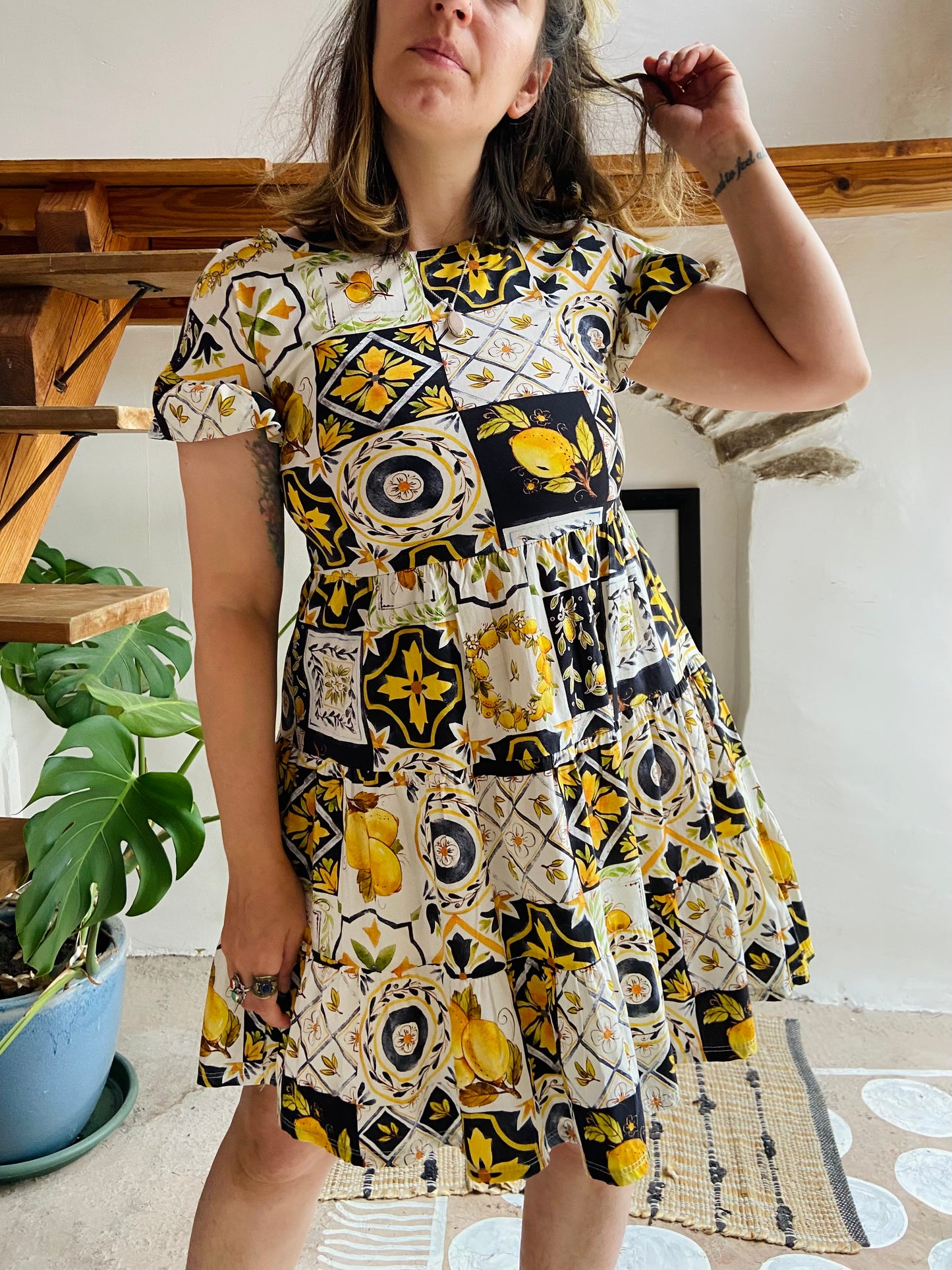 VINTAGE 70's Lemon Patchwork Print Cotton Sun Dress - S
