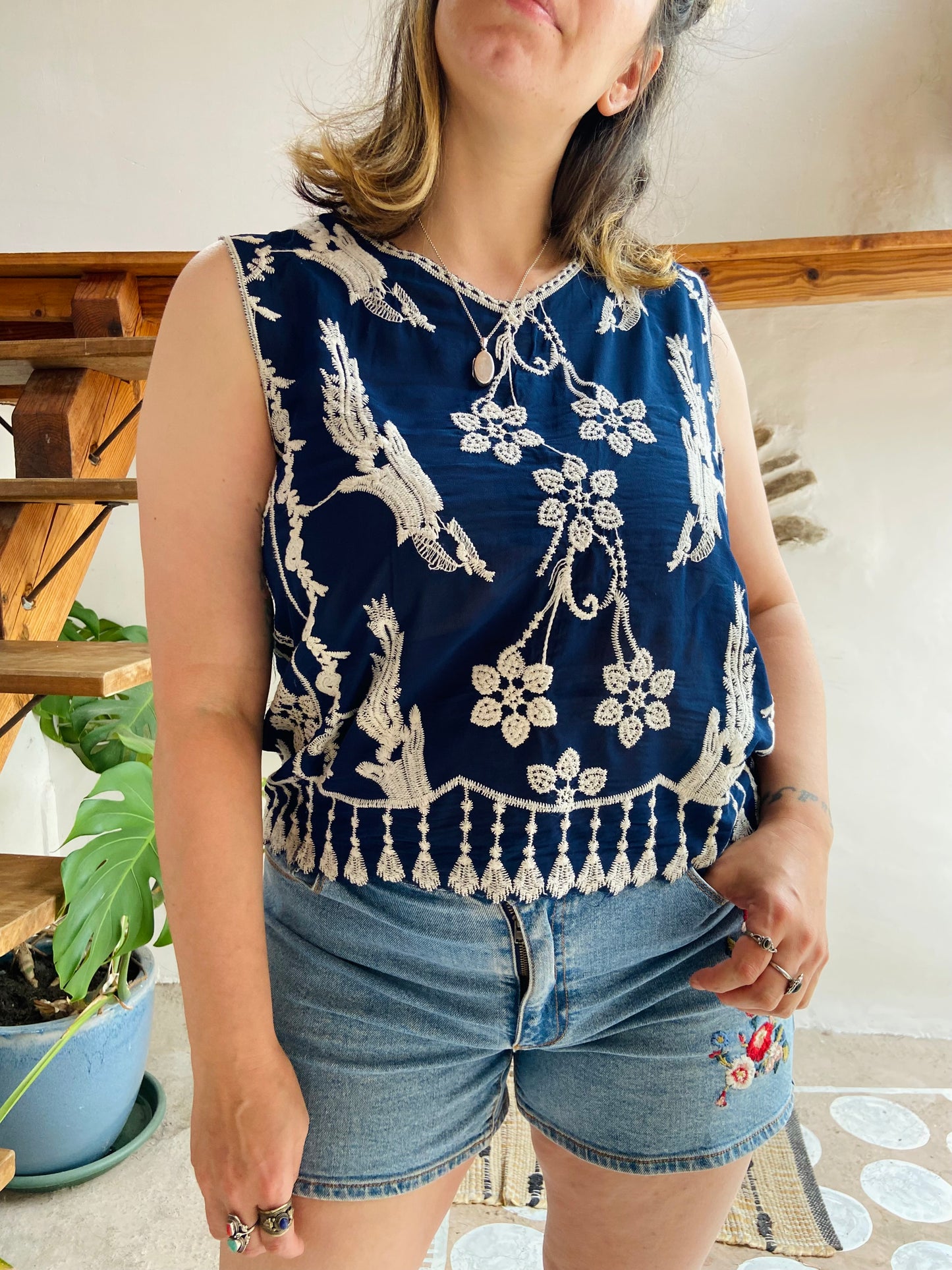 VINTAGE 90's Blue Embroidered Loose Tank Top - M/L