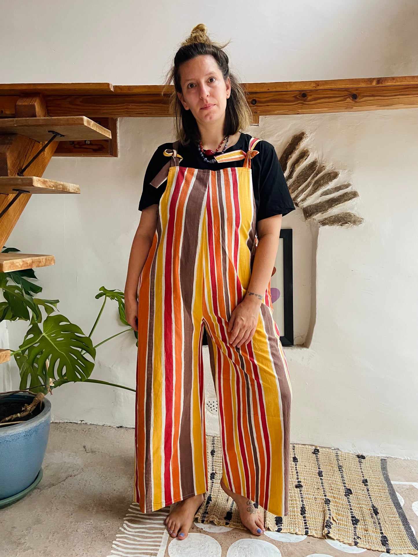 DESERT FOX Orange & Brown Stripe Wide Leg Dungarees - M/L