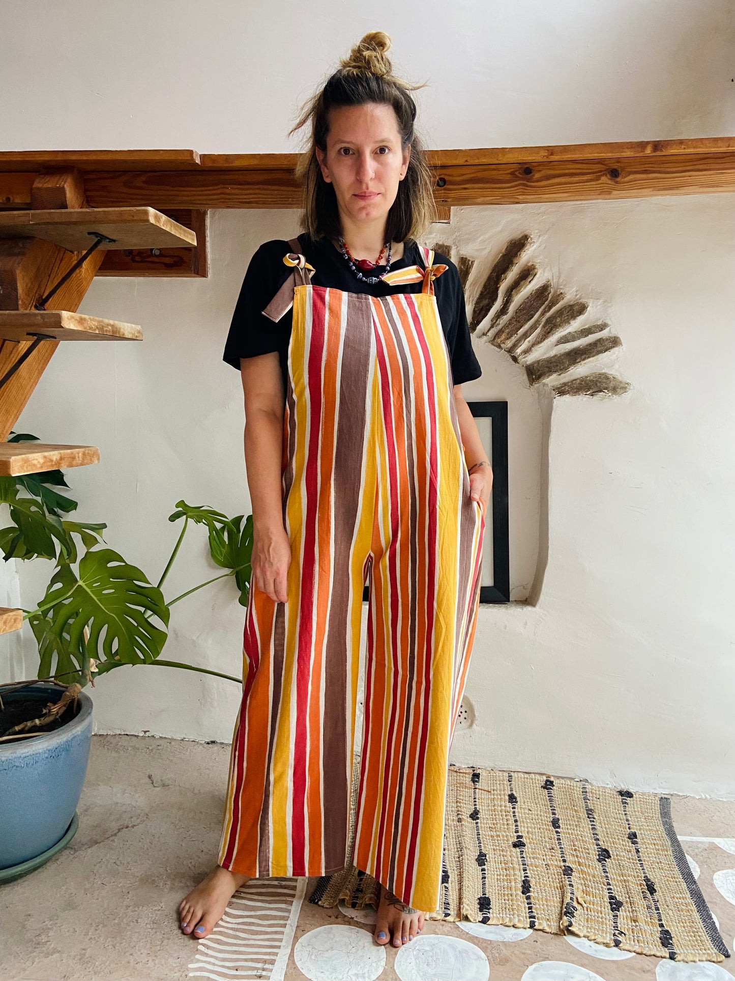 DESERT FOX Orange & Brown Stripe Wide Leg Dungarees - M/L