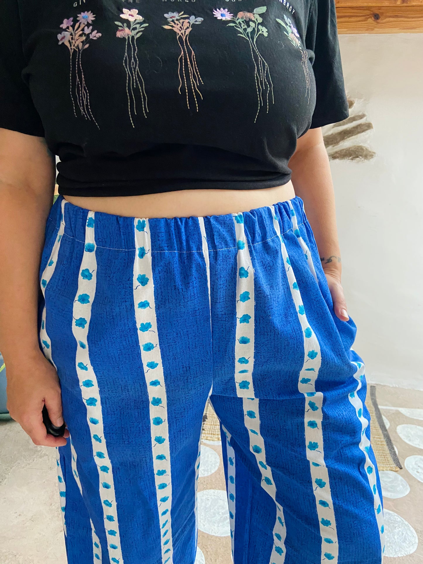 DESERT FOX Lola Floral Blue Stripe Wide Leg Trousers - M/L