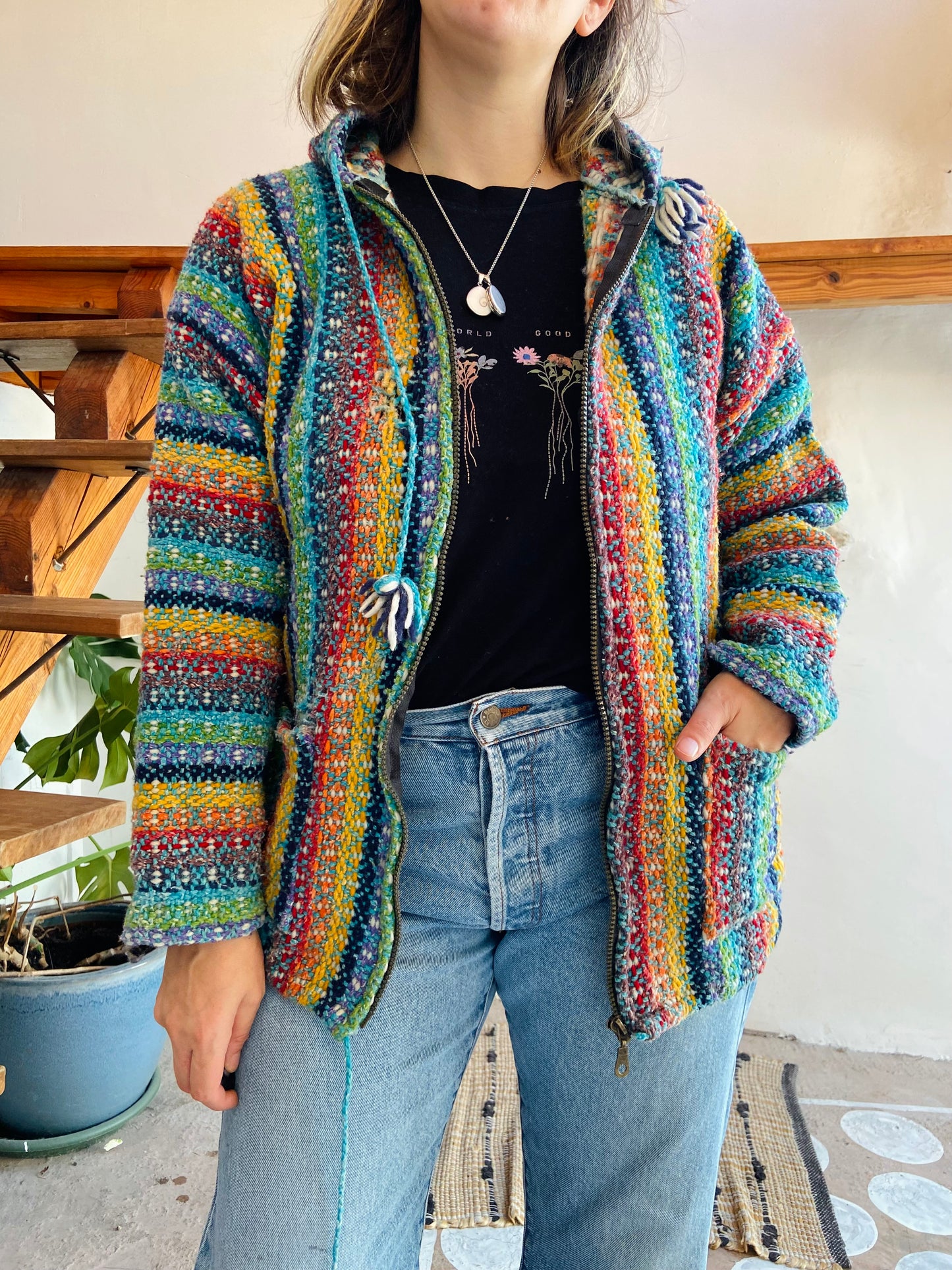 VINTAGE 90's Rainbow Hippie Knit Zip Up Jacket - M