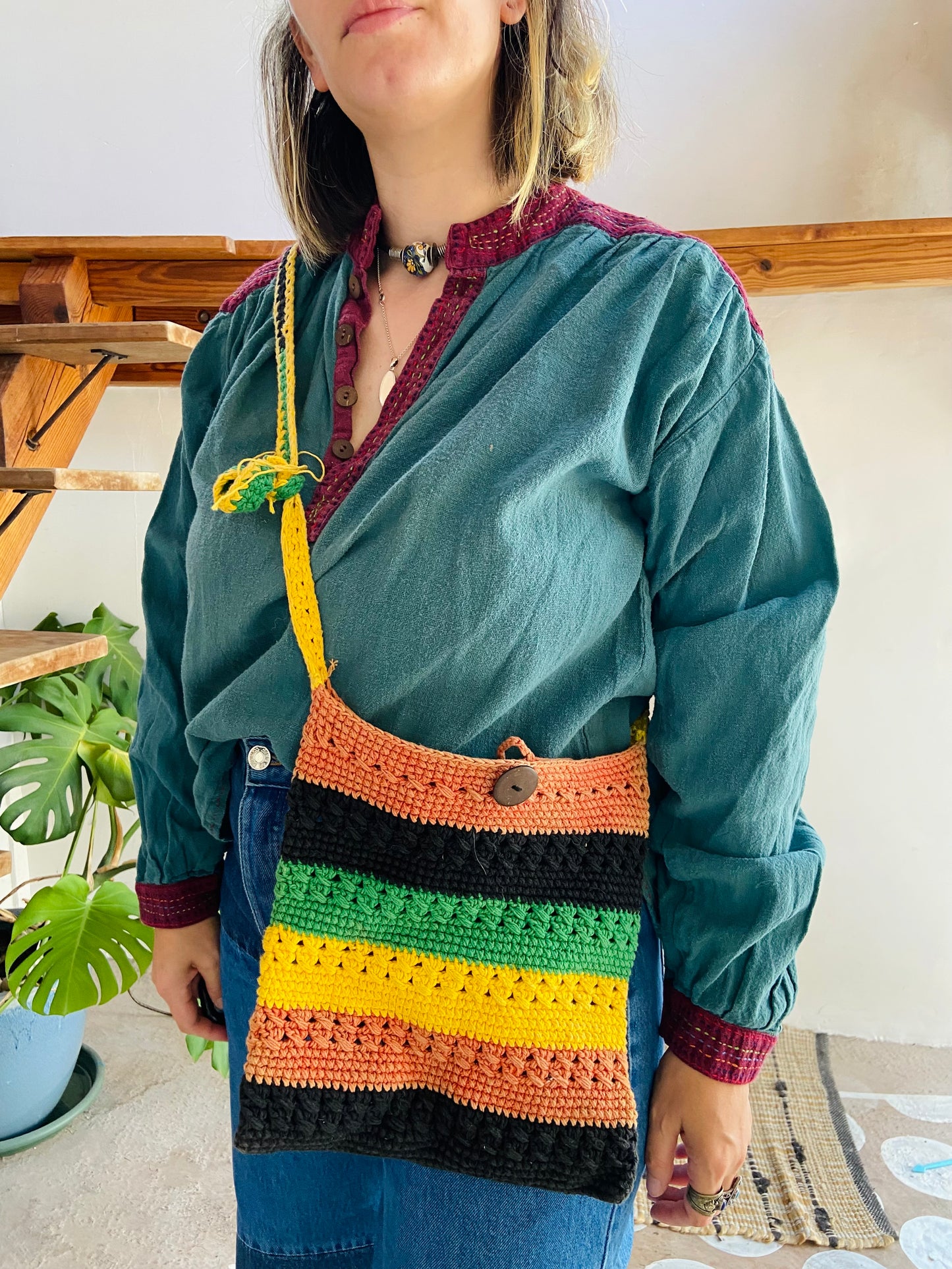 VINTAGE 90's Stripe Crochet Shoulder Bag - ONE SIZE