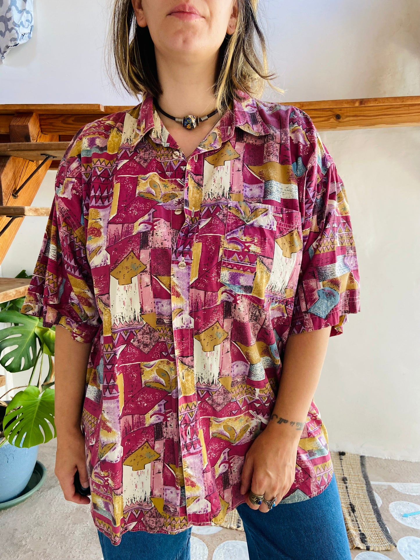 VINTAGE 90's Bohemian Pattern Purple Short Sleeve Shirt - L