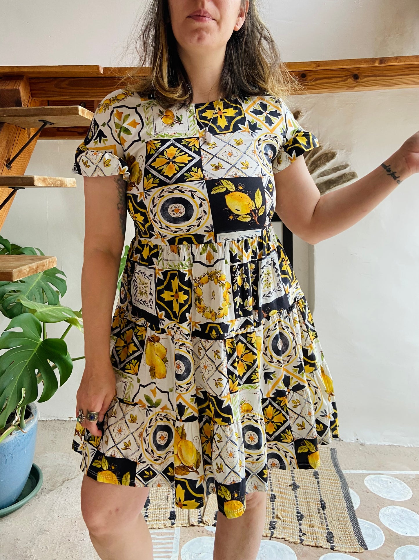 VINTAGE 70's Lemon Patchwork Print Cotton Sun Dress - S
