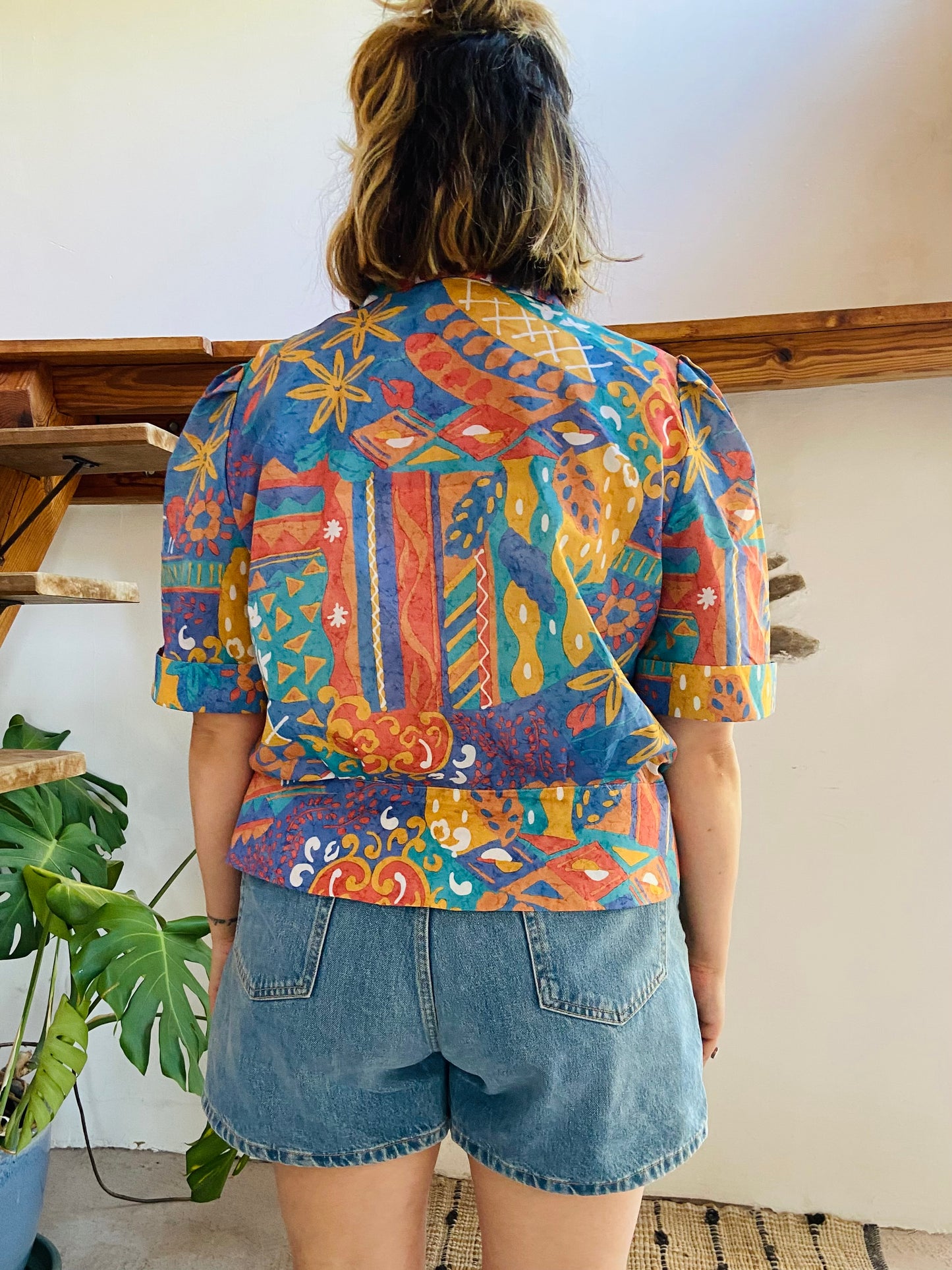 VINTAGE 80's Funky Patterned Short Sleeve Top - L