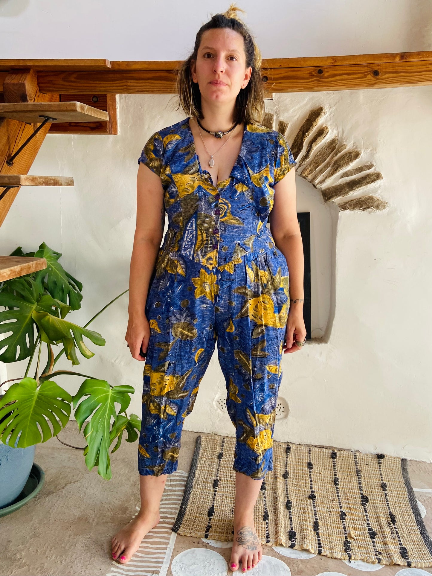 VINTAGE 80's Floral Bohemian Pattern Jumpsuit - S