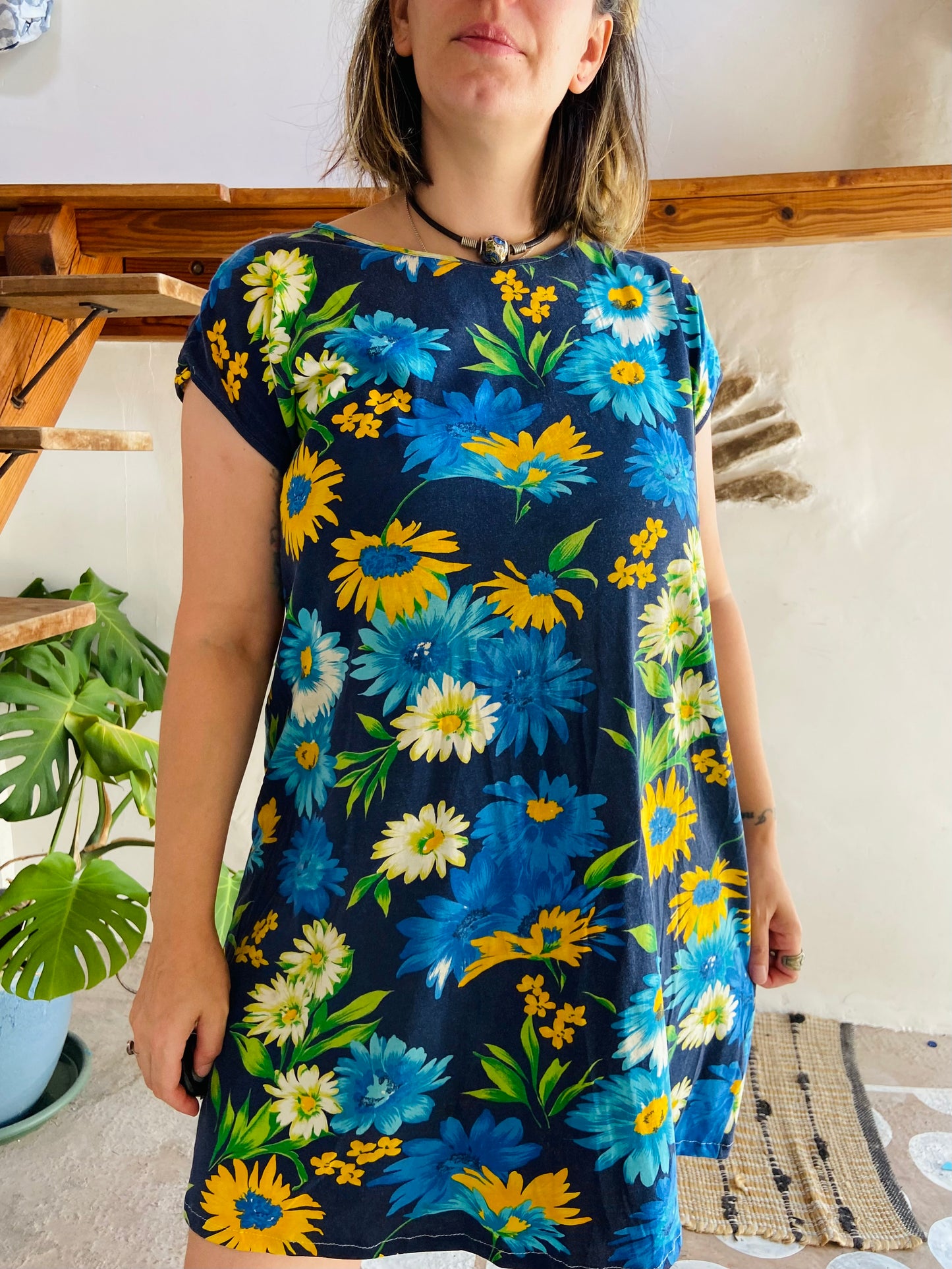 VINTAGE 90's Blue & Green Floral Loose Mini Dress - L