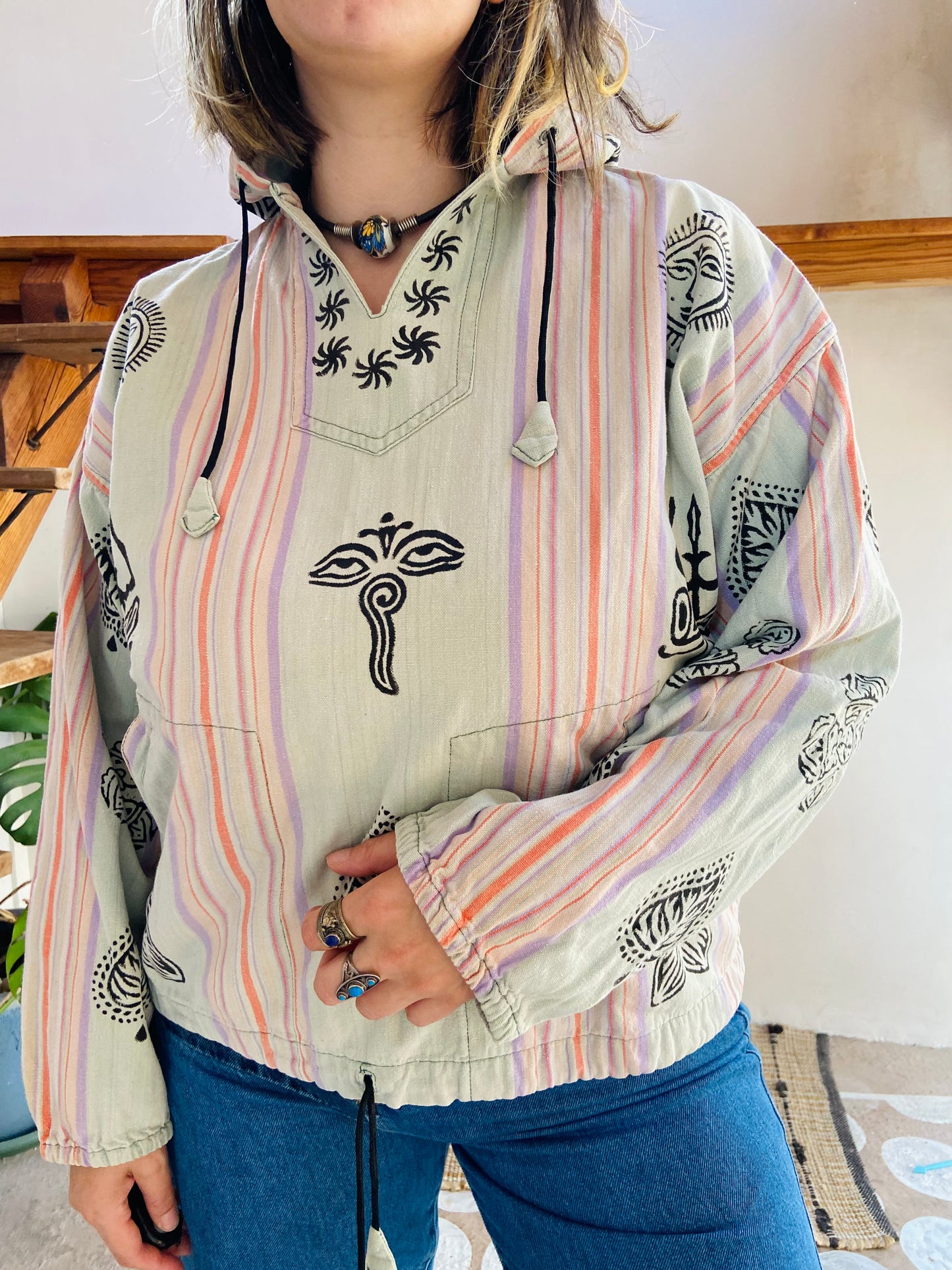 VINTAGE 90's Hippie Batik Long Sleeve Hooded Top - M/L