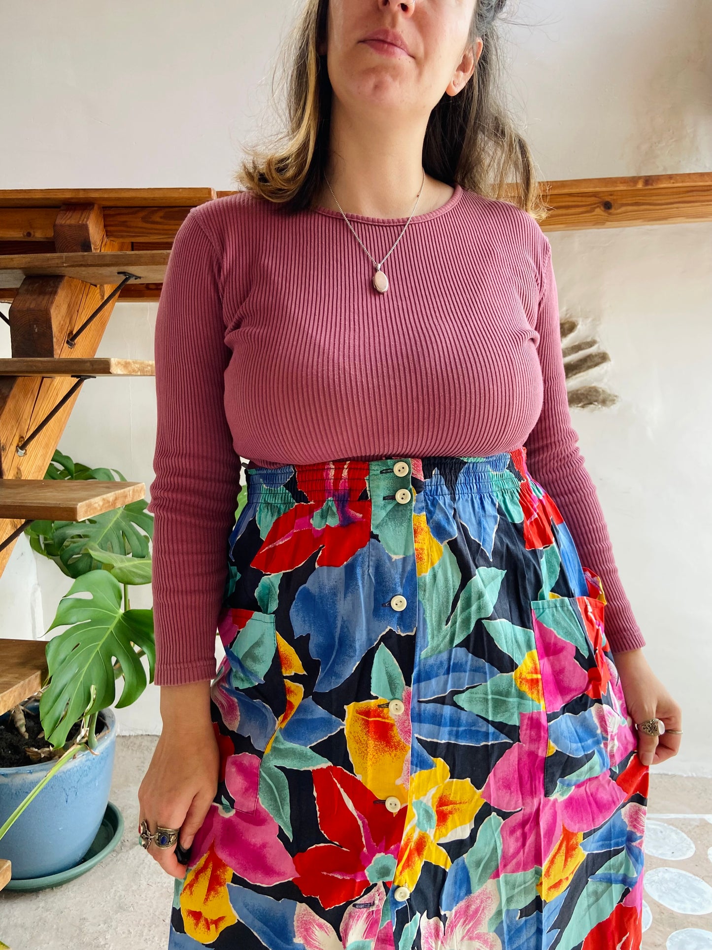 VINTAGE 90's Bright Floral Midi Skirt - M