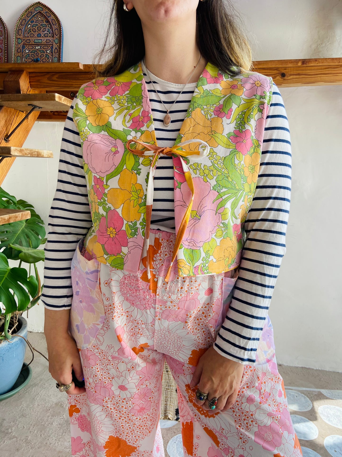 DESERT FOX 70's Orange & Pink Floral Reversible Waistcoat - S/M