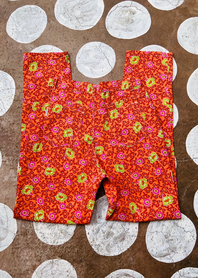 VINTAGE 90's Orange Floral High Waisted Cotton Trousers - S