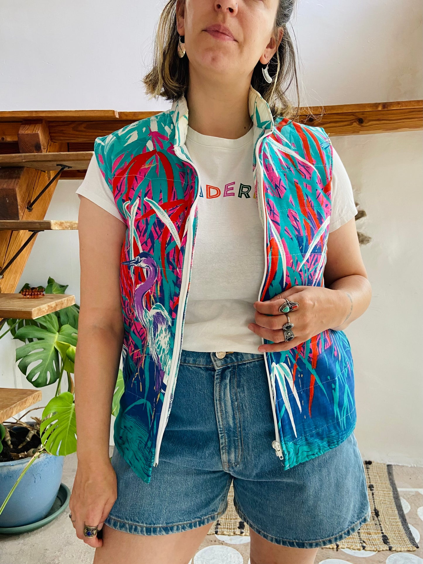 VINTAGE 80’s Bright Bird Print Gilet Jacket - M