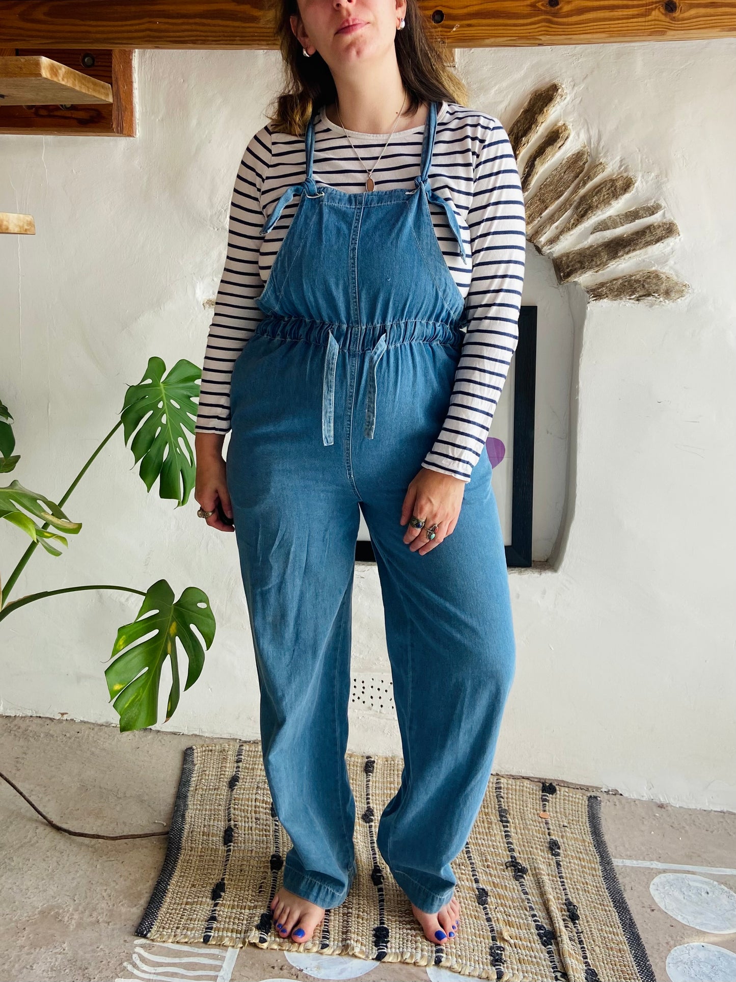 VINTAGE 90's Blue Cotton Wide Leg Jumpsuit - S