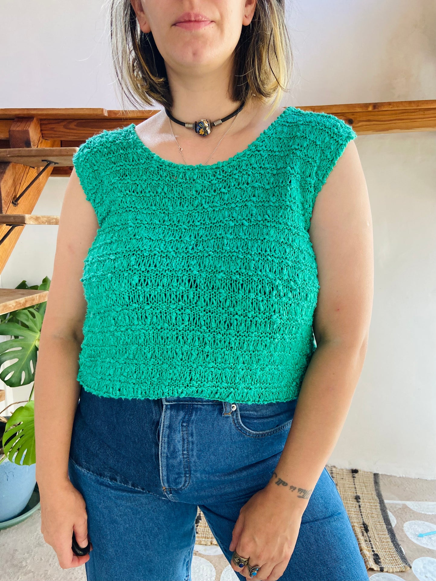 VINTAGE 80's Green Knitted Sleeveless Top - M/L