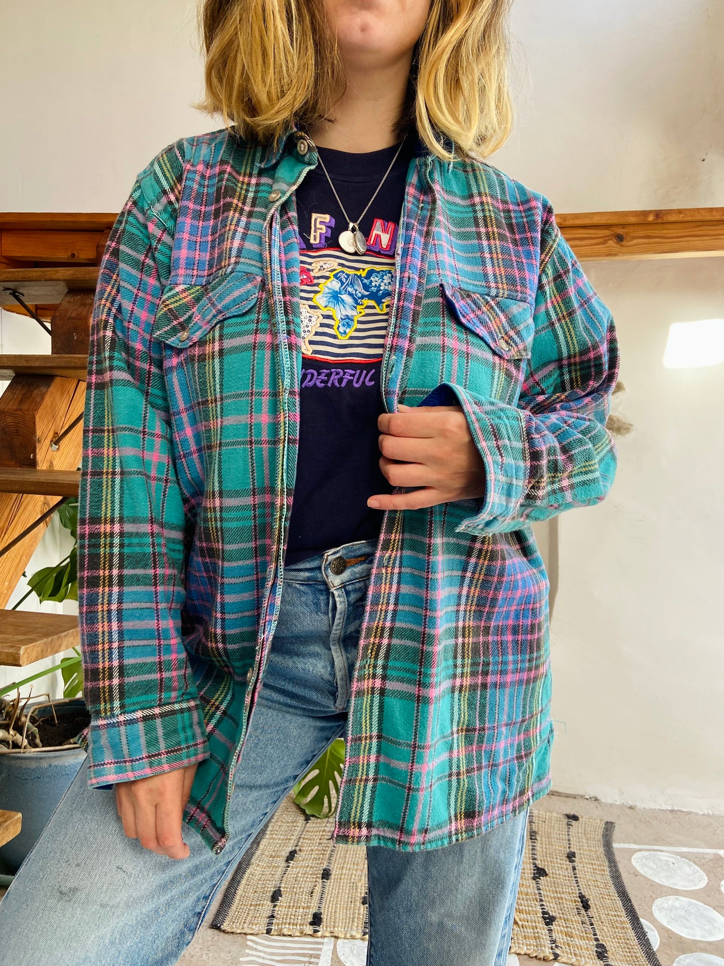 VINTAGE 90’s Checked Blue Flannel Long Sleeve Shirt - L