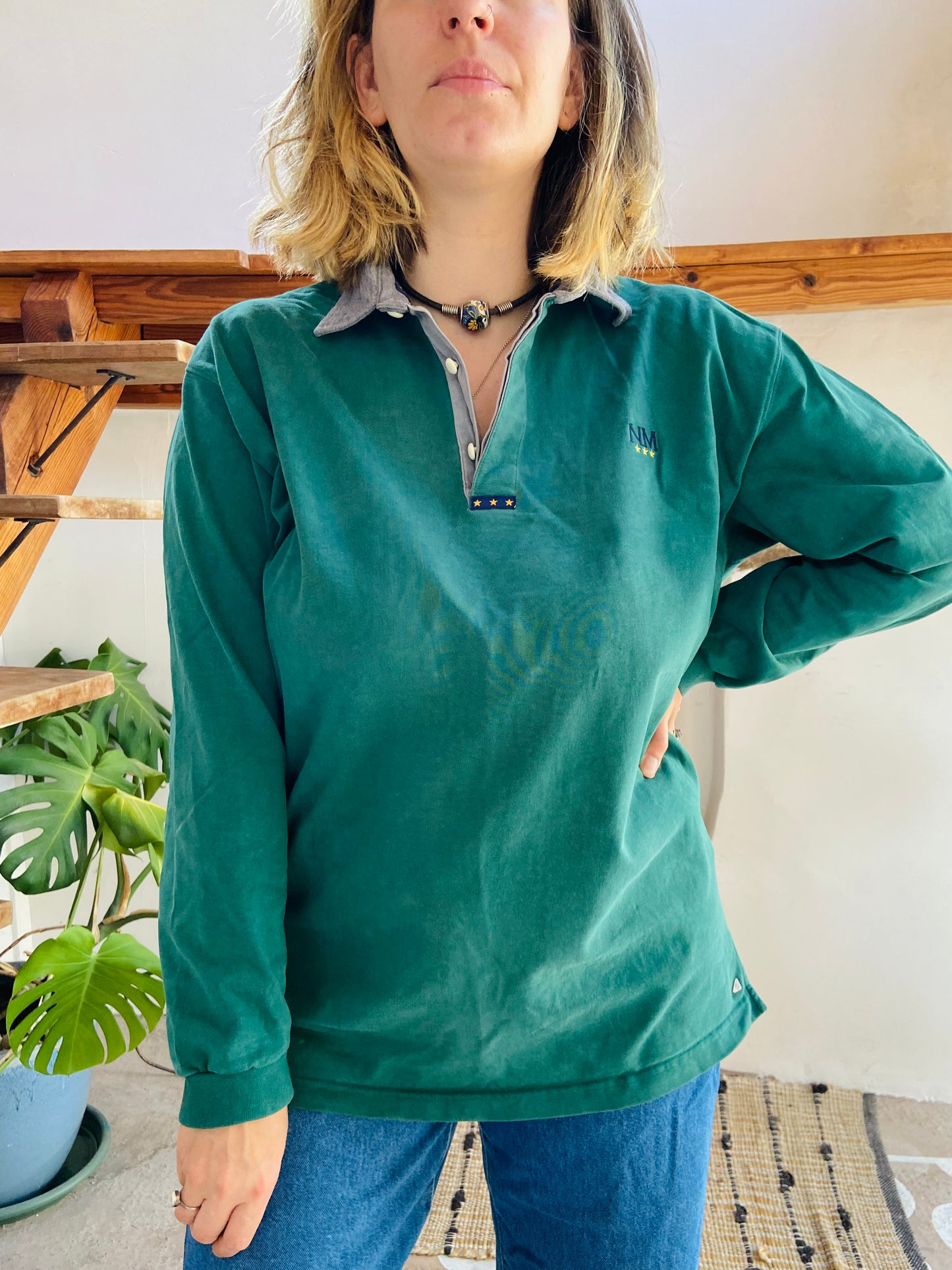 VINTAGE 90's Long Sleeve Green Polo Top - M/L