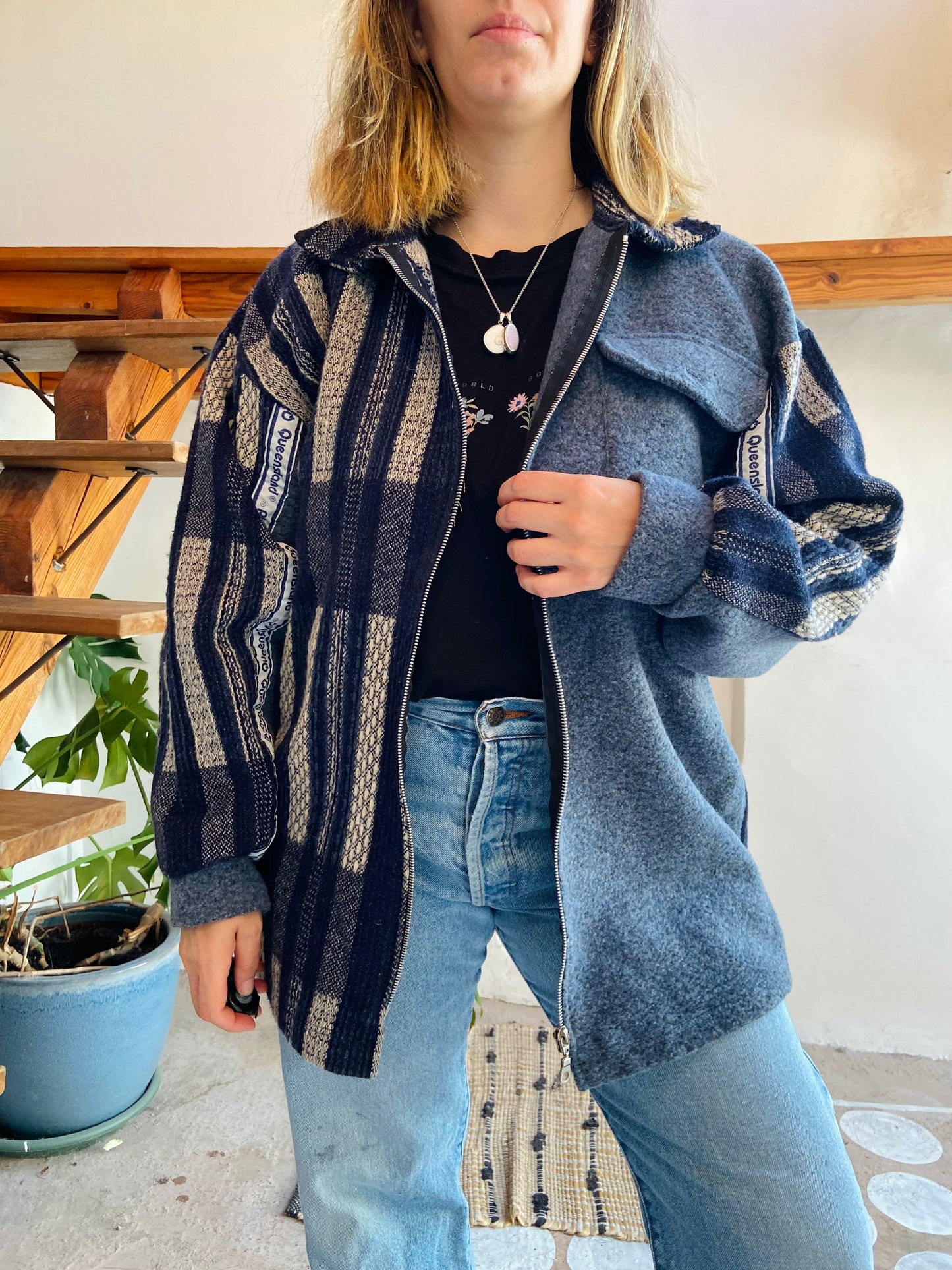 VINTAGE 90's Blue Hippie Woven Bohemian Zip Up Jacket - M
